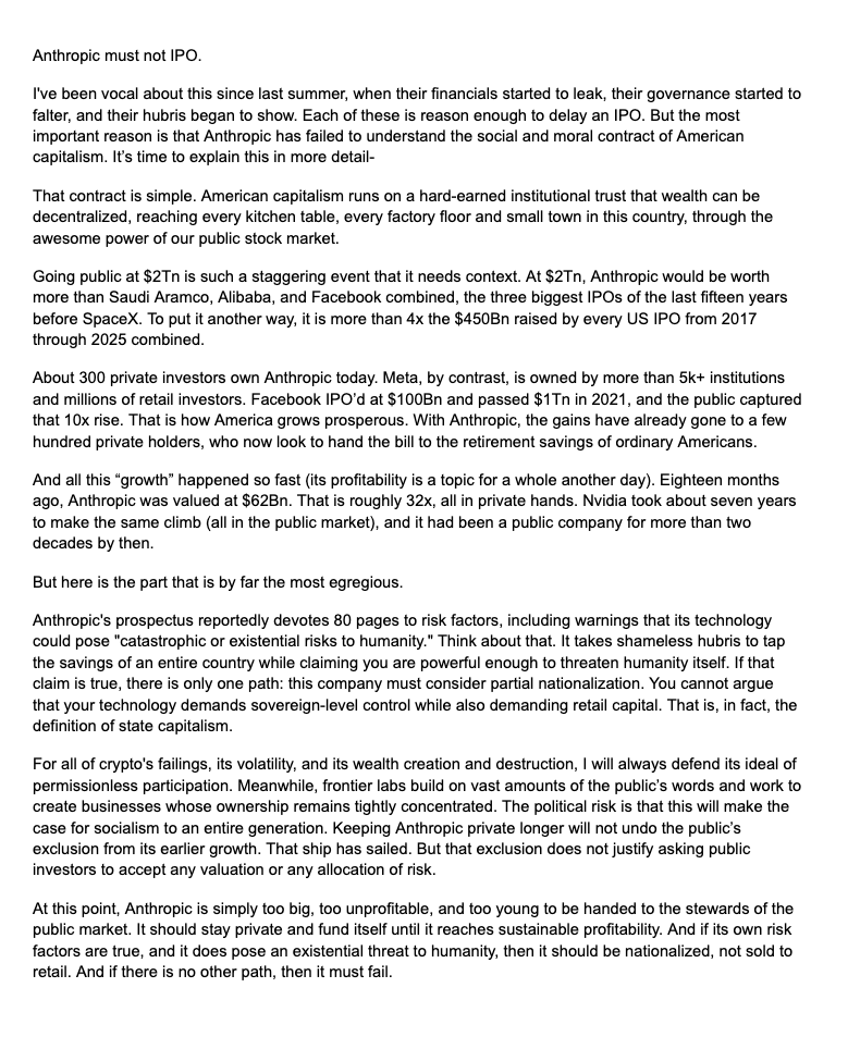 dgt10011's tweet photo. I’ve argued before Anthropic must not IPO on its current metrics. The bottom line is simple-

The might of American capitalism rests on a sacred social contract: if humanity must bear its risk, the public must also share in the prosperity, not just pay for it.

My thoughts below: https://t.co/CUFEqtWjTt