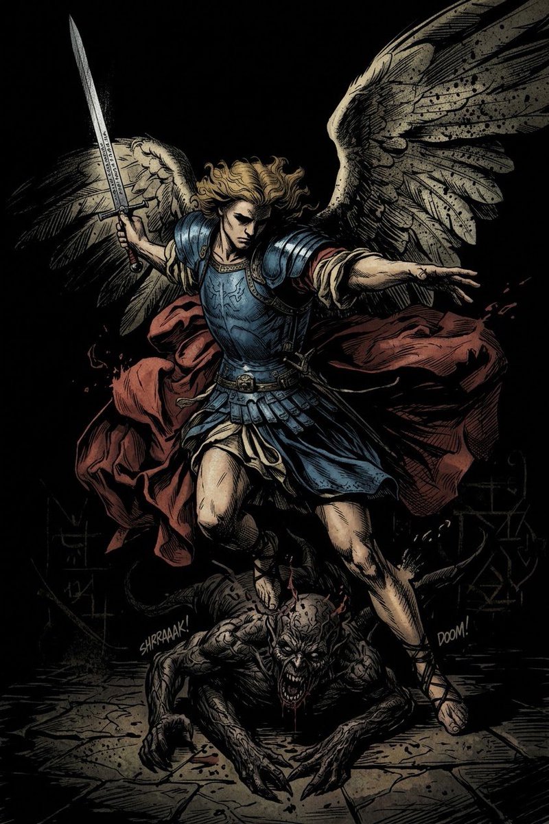 Catholic_bro's tweet photo. St. Michael the Archangel, 
defend us in battle. 

Be our defense against the wickedness and snares of the Devil. 

May God rebuke him, we humbly pray, and do thou, 
O Prince of the heavenly hosts, by the power of God, 
thrust into hell Satan, and all the evil spirits, who prowl about the world  seeking the ruin of souls. Amen. .