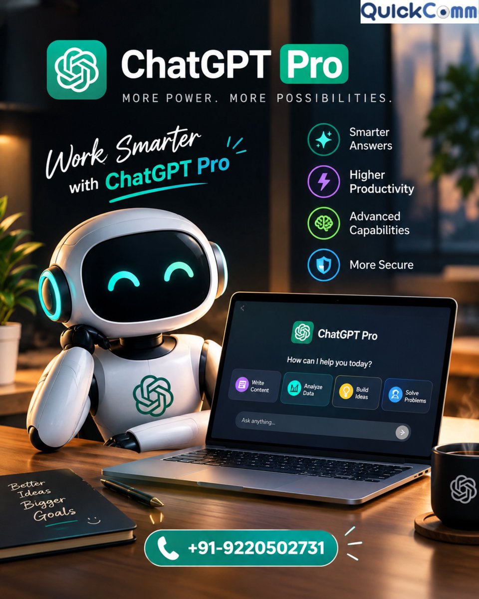 Quickcommtech's tweet photo. Still doing everything from scratch?

Maybe your workflow needs an AI upgrade. ⚡

ChatGPT Pro → ideas, research, writing, analysis &amp; problem-solving in one place.

Ready to work differently?

📞 +91-9220502731
QuickComm
#ChatGPTPro #AI #Productivity #QuickComm https://t.co/QHVpnAvPsm