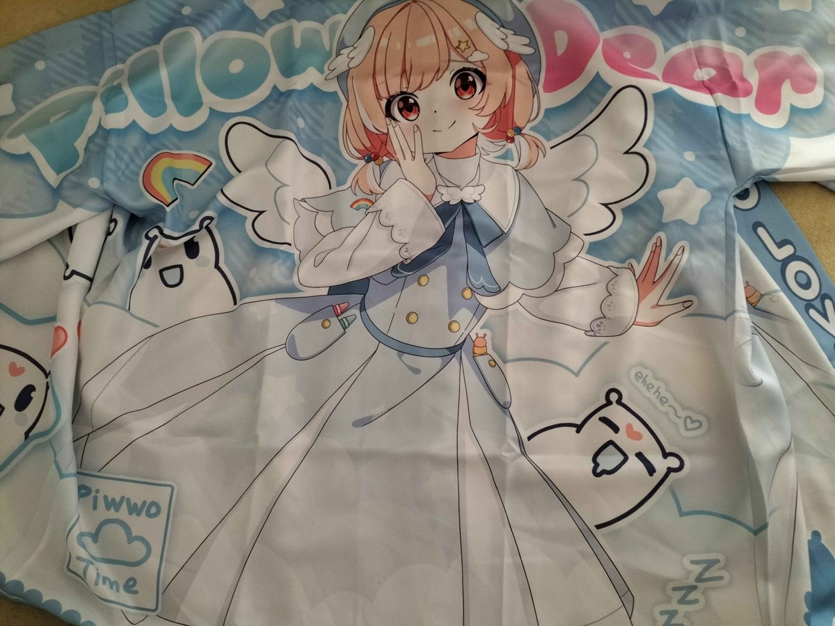 konsulus's tweet photo. Vtuber merch usually comes so late they kinda turn into a happy supprise because I have long forgotten I bought them. Pillowdear if I ever get to meet you at a con I hope I will be wearing this. Maybe next Dokomi is a chance. https://t.co/Z6kFazbPJn