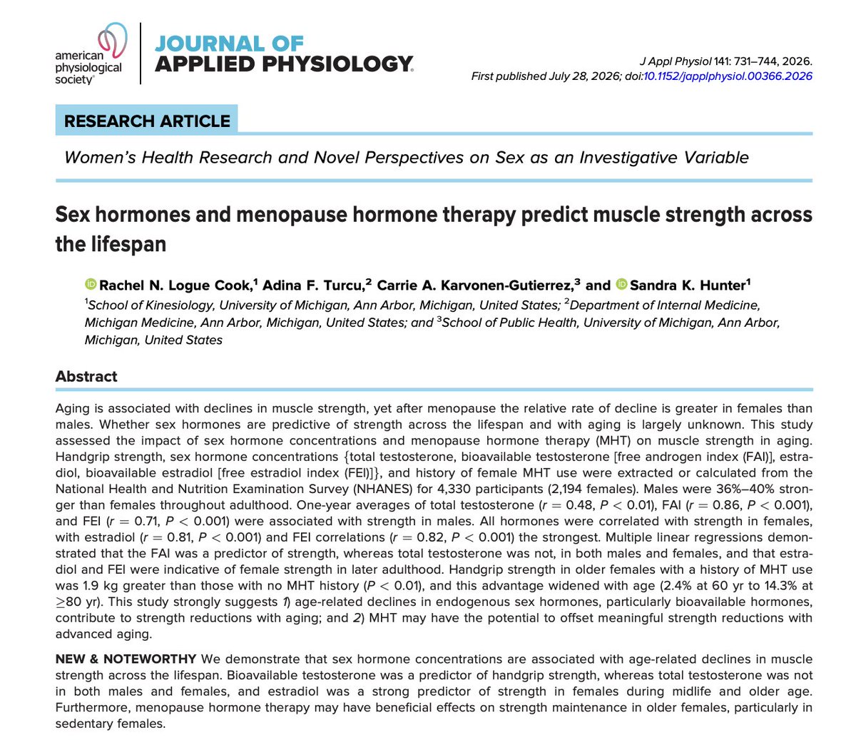 foundmyfitness's tweet photo. Women with a history of menopausal hormone therapy had 2.5% greater grip strength at ages 60-64 than women who had never used it. Among women 80 and older, that gap was 14.3%.

Activity patterns added an interesting layer. Among women 65 and older, those with a history of hormone therapy and intermediate amounts of moderate-intensity physical activity had 16% greater grip strength, while those who were the most sedentary still had 14% greater grip strength if they'd undergone hormone therapy vs. not.

Menopausal hormone therapy may help preserve strength into later life, including among women who aren't very active. But of course, regular activity is crucial for strength preservation and should be done regardless of whether or not someone is on hormone therapy.