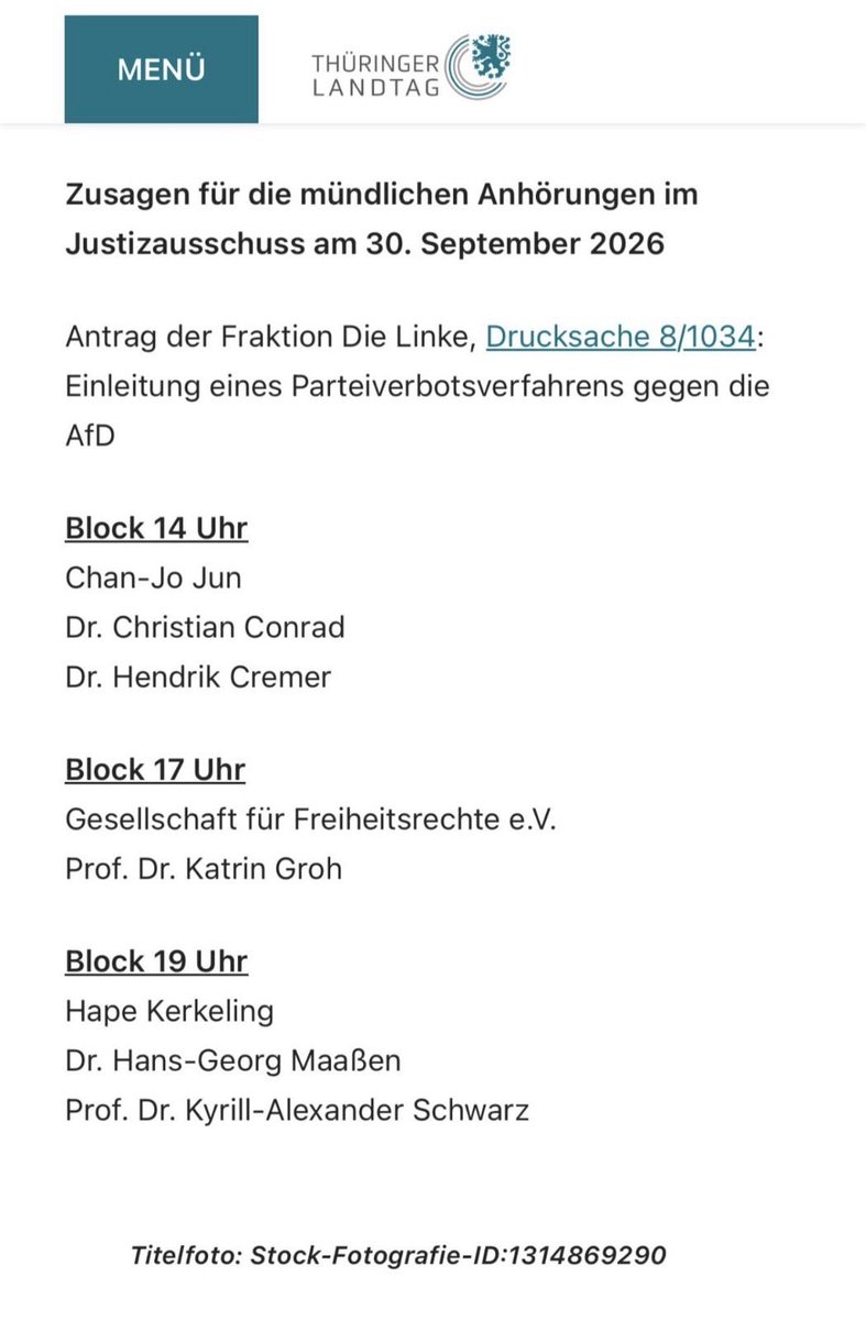 HGMaassen's tweet photo. Morgen werde ich im Justizausschuss des Thüringer Landtags als Sachverständiger zum Antrag der Linken auf ein AfD-Verbotsverfahren gehört.

Ein formal legales, aber politisch motiviertes Verbotsverfahren wäre kein Akt wehrhafter Demokratie, sondern ein Angriff auf sie.

Livestream auf der Seite des Thüringer Landtags, mein Block ab 19 Uhr.