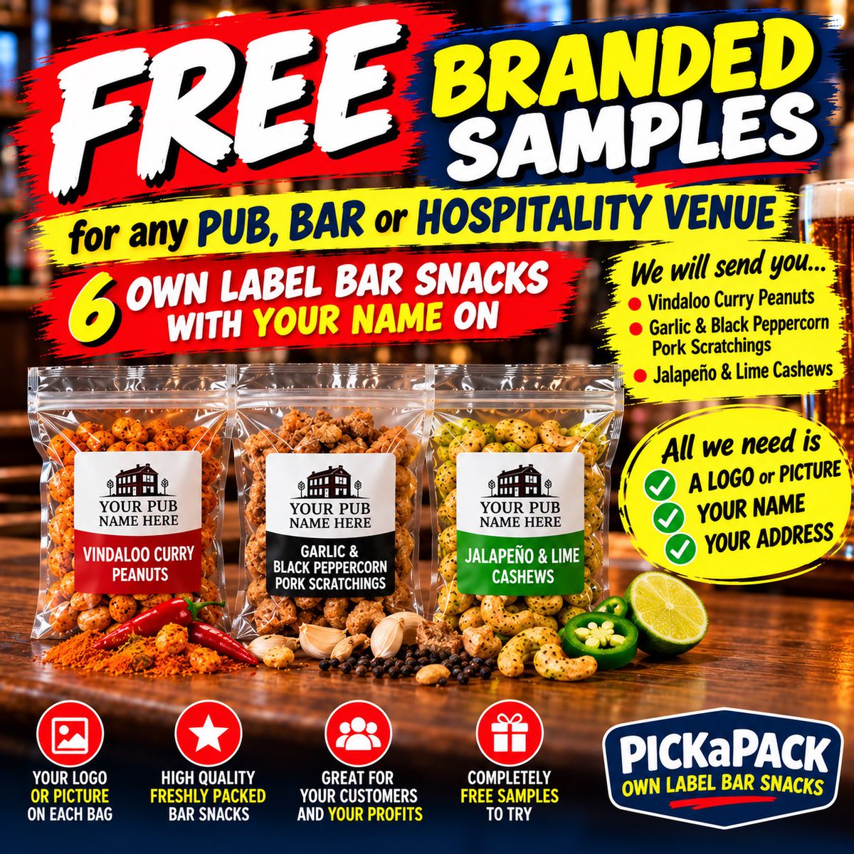 ChooseOwnLabels's tweet photo. Just send us your venue name, a logo/ photo, name and address (UK only) and we will send you the branded samples … WhatsApp 07803 552866 or email enquiries@pickapack.online https://t.co/gQWj71FQUQ
