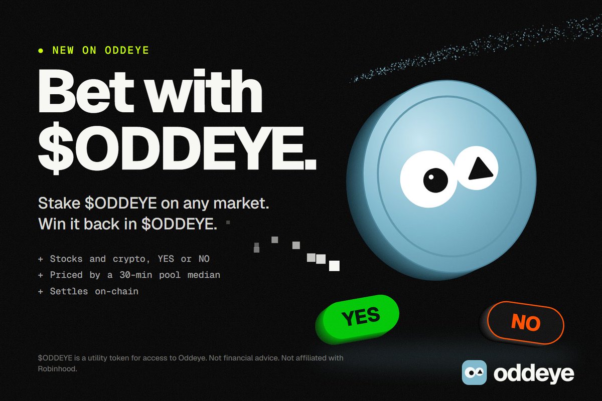 oddeyemarkets's tweet photo. Bet with $ODDEYE 👁️

You can now stake $ODDEYE on Oddeye markets.

→ Pick any market: stocks, BTC, ETH, ZEC and more
 → Stake $ODDEYE on YES or NO 
→ Winners are paid in $ODDEYE, settled on-chain

$ODDEYE's price for bets is the 30-minute median of its pool, posted on-chain by our keeper, so a quick pump can't game it.

https://t.co/FMZhfI7ztu