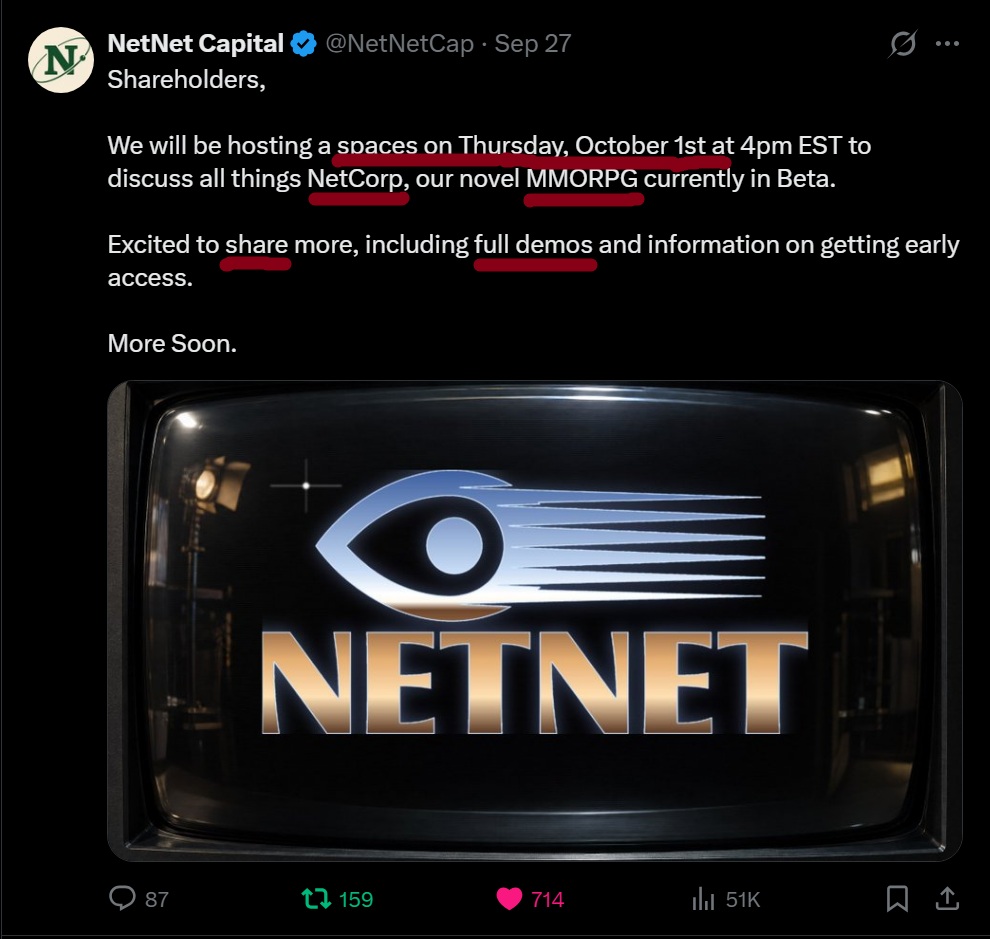 Way_Kewl_Stuff's tweet photo. 📢 $NET Alpha Last Day  📢

> Sharing FULL DEMOS of NetCorp MMO on Thu 10/1
> Top 5 By Revenue On RH w/ $PONS
> RW Bonds Are Now DEFLATIONARY
> Treasury At $25m
> Net Advance Locks Almost 1% of $NET Supply

Recent Alpha:

> Buybacks
> The Book &amp; Predict
> @OlympusDAO Partnership https://t.co/9uqF5vJ7Lf