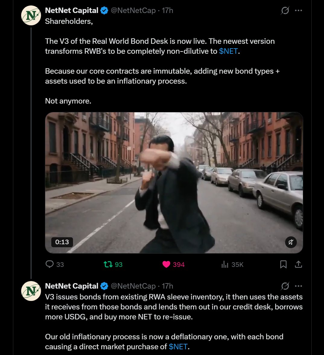 Way_Kewl_Stuff's tweet photo. 📢 $NET Alpha Last Day  📢

> Sharing FULL DEMOS of NetCorp MMO on Thu 10/1
> Top 5 By Revenue On RH w/ $PONS
> RW Bonds Are Now DEFLATIONARY
> Treasury At $25m
> Net Advance Locks Almost 1% of $NET Supply

Recent Alpha:

> Buybacks
> The Book &amp; Predict
> @OlympusDAO Partnership https://t.co/9uqF5vJ7Lf