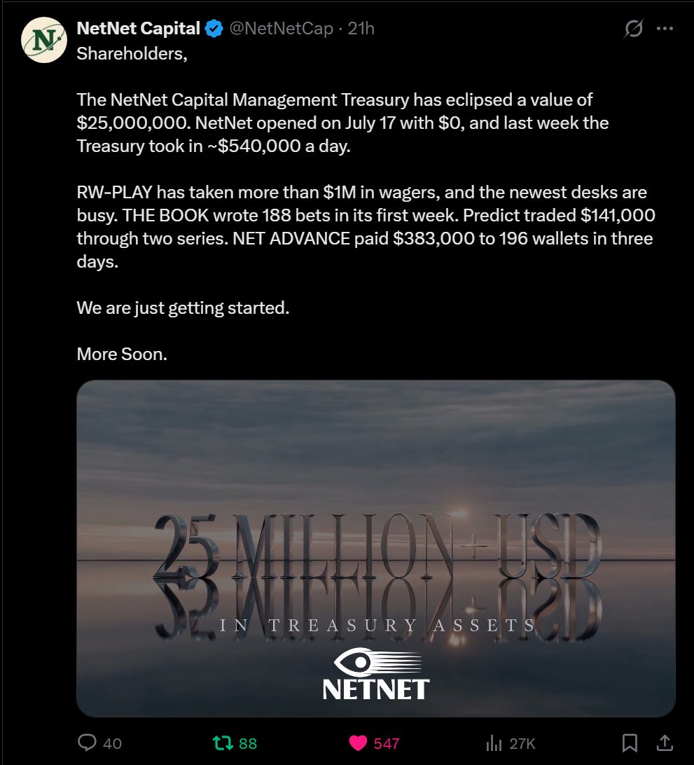 Way_Kewl_Stuff's tweet photo. 📢 $NET Alpha Last Day  📢

> Sharing FULL DEMOS of NetCorp MMO on Thu 10/1
> Top 5 By Revenue On RH w/ $PONS
> RW Bonds Are Now DEFLATIONARY
> Treasury At $25m
> Net Advance Locks Almost 1% of $NET Supply

Recent Alpha:

> Buybacks
> The Book &amp; Predict
> @OlympusDAO Partnership https://t.co/9uqF5vJ7Lf