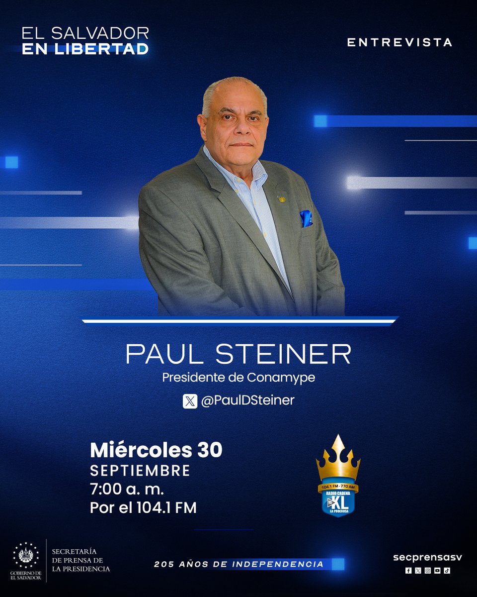 SecPrensaSV's tweet photo. El presidente de @CONAMYPESV, @PaulDSteiner, participará en la entrevista de @radioyskl. Sintonícela en vivo a partir de las 7:00 a. m., a través del 104.1 FM. https://t.co/lYI3ZTAyw0