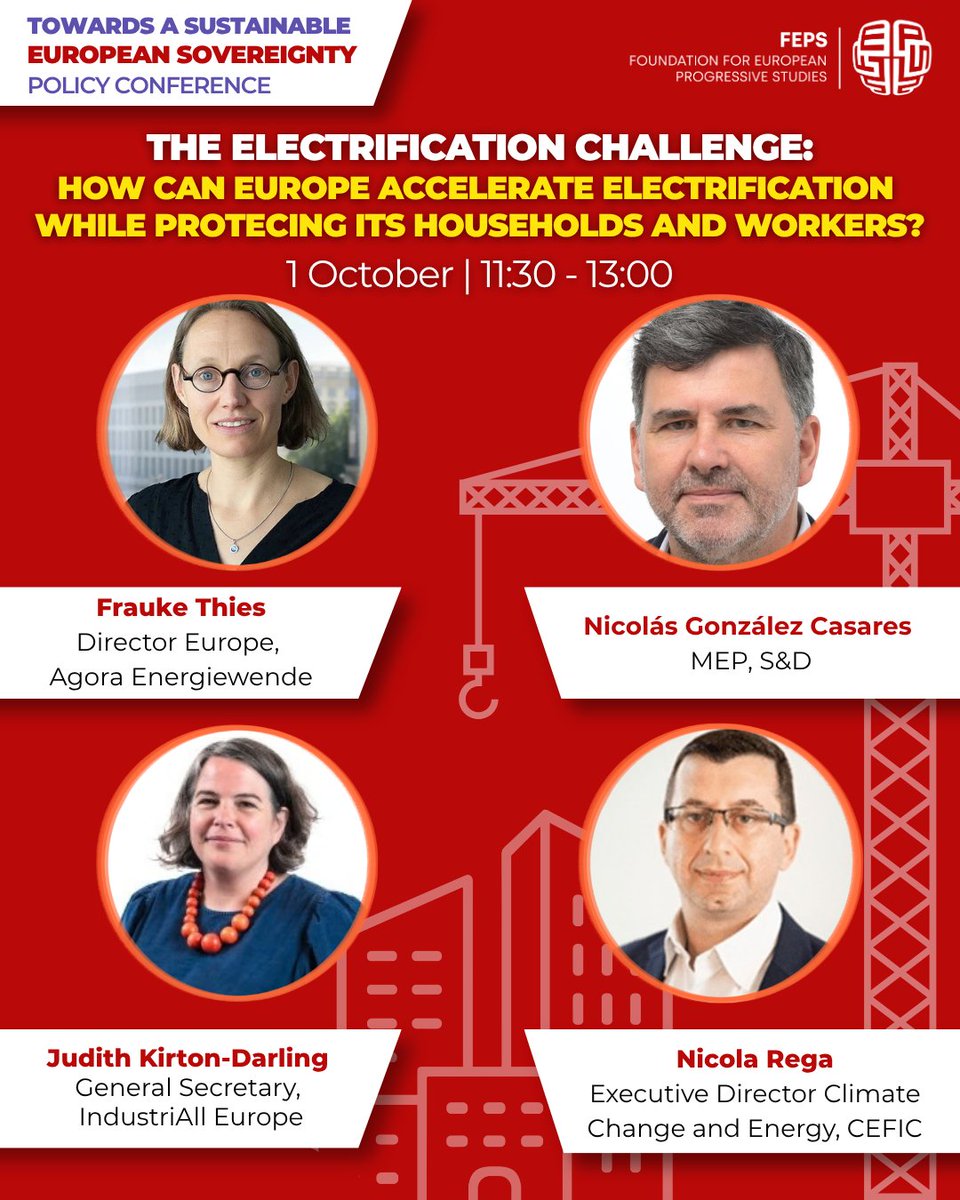 FEPS_Europe's tweet photo. 🇪🇺 Join Executive Vice-President Teresa Ribera and other high-level speakers TOMORROW at the Policy Conference to discuss how to build a sustainable European sovereignty that serves people and the planet. Register now! ⤵︎
https://t.co/p33ZhChD1B

The EU must reaffirm its commitment to its social and climate ambitions. Supporting a sustainable European sovereignty is not an end in itself: it is a means to a better quality of life for all.

➞ With the current EU legislative term dominated by deregulation and a narrow perspective on competitiveness, the Policy Conference will be a call to action to define and advance an agenda for a European sovereignty that serves people and the planet.

In these times of recurring disruptions, a sustainable European sovereignty can be built by breaking away from fossil-fuel dependence, protecting citizens' and workers' rights, and investing purposefully in economic activities suited to a healthy, climate-neutral future.

This conference will focus on key issues, including:
🔋Energy independence and affordability
💰The next Multiannual Financial Framework
🤖 The social-democratic agenda for AI in the labour market

Speakers include
🔸Teresa Ribera @Teresaribera, Executive Vice-President for a Clean, Just and Competitive Transition
🔸Sandrine Dixson-Declève @SDDecleve, Honorary President of the Club of Rome and Executive Chair of Earth4All
🔸Isabelle Schömann @IsaSchoemann, Deputy Secretary General, @etuc_ces
🔸László Andor @LaszloAndorEU, Secretary General, FEPS
🔸Dave Keating @DaveKeating, Journalist, France 24
🔸Richard Probst @ProbstRichard, Director, FES Just Climate
🔸Matthias Ecke @MattEcke, MEP, S&D
🔸Ludovic Voet @LudovicVoet, Confederal Secretary, ETUC
🔸Anna Krzyzanowska @AKrzyzanowska, Adviser, Startups and Scale-ups, DG RTD, European Commission
🔸Dóra Piroska, Associate Professor, @ceu
🔸Anna Kolesnichenko @a_kolesn, Policy Analyst on Economy, FEPS
🔸Jonathan Schnock, Policy Officer on Economic and Digital Policy, FES
🔸Frauke Thies, Director Europe, Agora Energiewende
🔸Nicolás González Casares @nicogoncas, MEP, S&D
🔸Judith Kirton-Darling, General Secretary, @industriAll_EU 
🔸 Nicola Rega, Executive Director Climate Change and Energy, CEFIC
🔸Chloé Deffet, Policy Analyst on Climate and Environment, FEPS
🔸Stephan Thalhofer @StefanThalhofer, Policy Advisor at FES Just Climate
🔸Dragos Adascalitei @d_adascalitei, Research Officer, @eurofound
🔸Zuzanna Warso, Director of Research, Open Future Foundation
🔸Vickie Dekocker @VickieDekocker, Senior Expert, Agoria
🔸Eva King, EU Representative of the Vorarlberg Chamber of Labour
🔸Isabelle Barthes, Deputy Secretary General, IndustriAll
🔸Justin Nogarede @JNogarede, Senior Policy Analyst, FES Future of Work
🔸Mariam Asghari @mariamasghari, Secretary General, @YESocialists
🔸François Balate, Policy Analyst on Social, FEPS

📣 The European Union must reaffirm the ambition of its own project, rooted in social justice, climate and biodiversity protection, and fair digital innovation

🤝 By FEPS, in partnership with @FESonline, @etuc_ces, @industriAll_EU and SOLIDAR