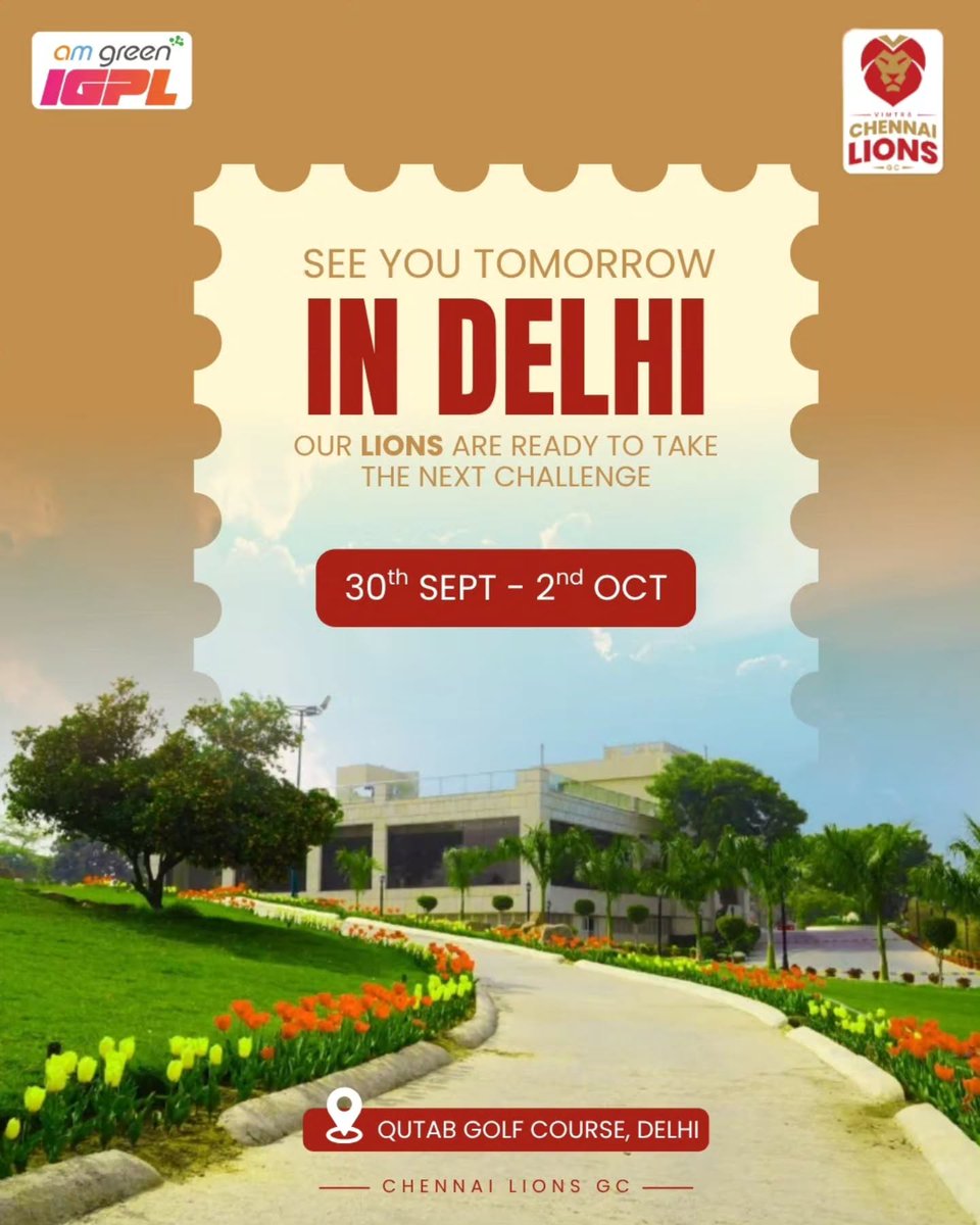 chennailionsgc's tweet photo. Delhi, the Lions have arrived. 
A new course. A new challenge. Vimtra Chennai Lions GC are ready to take on Qutab Golf Course with focus, pride and the hunger to compete.
📍 Qutab Golf Course, Delhi
🗓️ 30 Sept – 2 Oct
#AmGreenIGPL #ChennaiLionsGC #Golf #GolfOn #GolfForAll https://t.co/dBvCeFOcqC