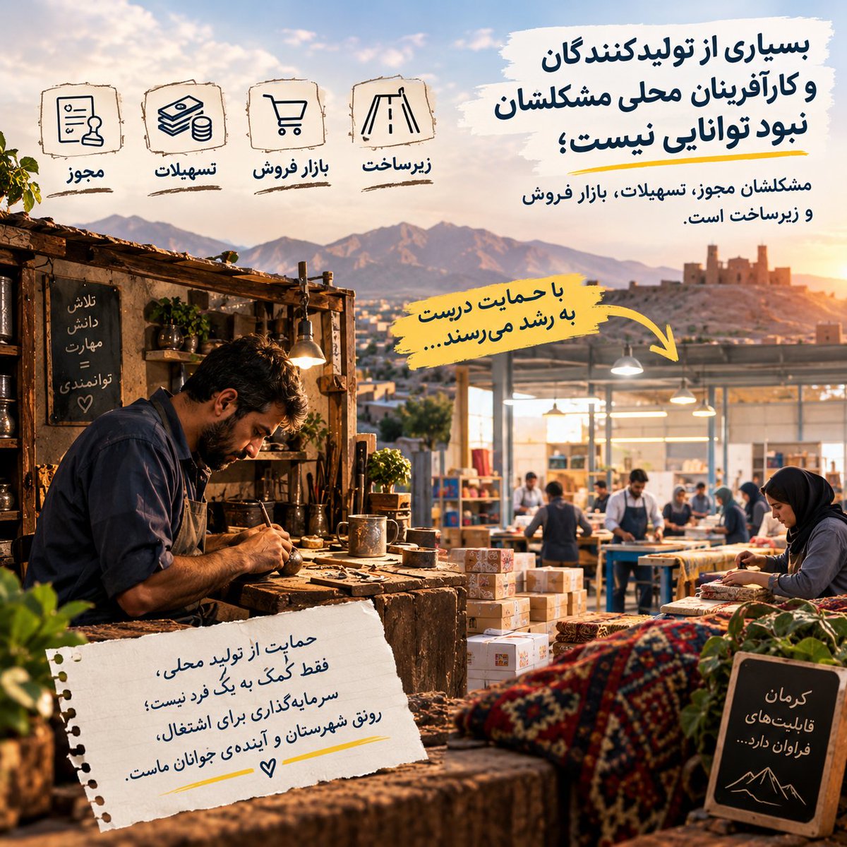 JavanePooya's tweet photo. بسیاری از تولیدکنندگان و کارآفرینان محلی مشکلشان نبود توانایی نیست؛ مشکلشان مجوز، تسهیلات، بازار فروش و زیرساخت است. حمایت درست می‌تواند یک کارگاه کوچک را به یک مجموعه اشتغال‌زا تبدیل کند.
#با_مردم
#رونق_اقتصادی https://t.co/YjCS0J6gia