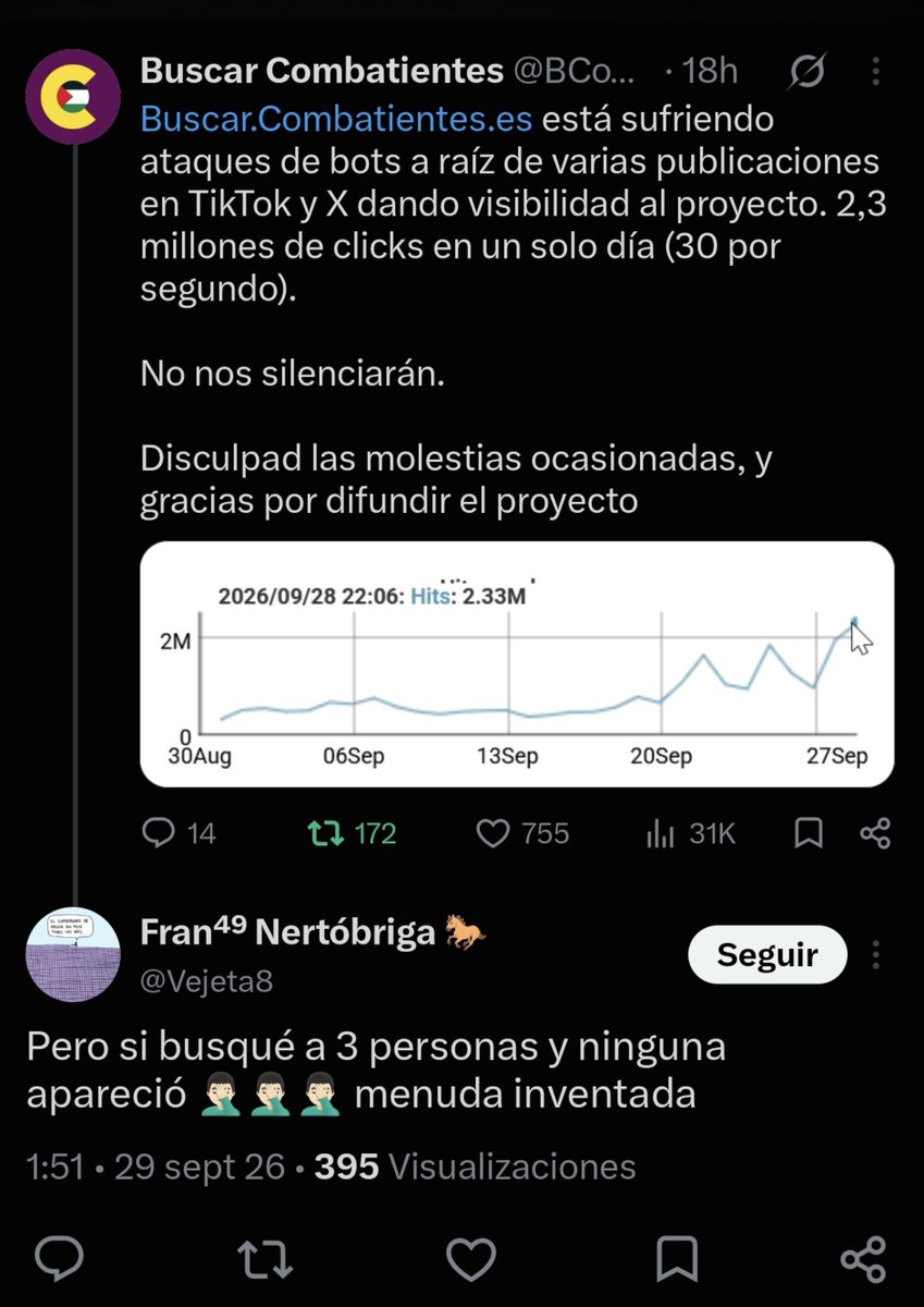 Historia_Social's tweet photo. Es increíble la labor de @BCombatientes ppara mantener la web (parcialmente caída por aluvión de visitas y posible ataque DDoS). 

Pero más increíble aún es su paciencia para hacer pedagogía con los energúmenos.... https://t.co/o5MFKSigLp