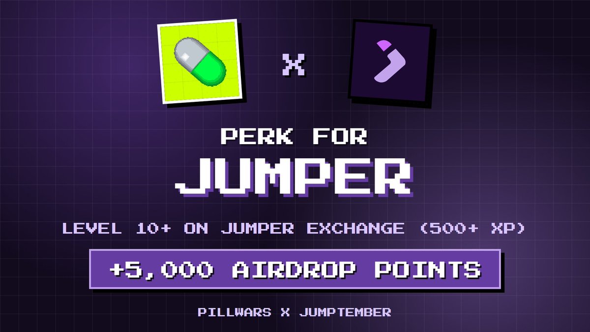 pillwarsdotfun's tweet photo. Congrats @jumperapp on a successful JUMPtember presale! 🚀

To celebrate: if you're Level 10+ on Jumper (500+ XP), you get a +5,000 point perk in the PillWars Genesis Drop.

Link your Solana wallet at https://t.co/H2aAyVQT82 https://t.co/33TTAfxRL7
