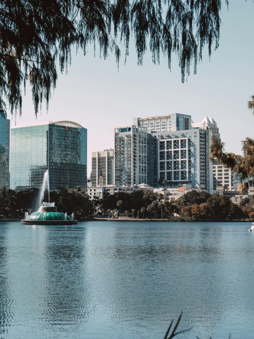 A scenic view of Lake Eola in Orlando with a fountain in the middle, modern high-rise buildings in the background, and tree branches framing the shot.