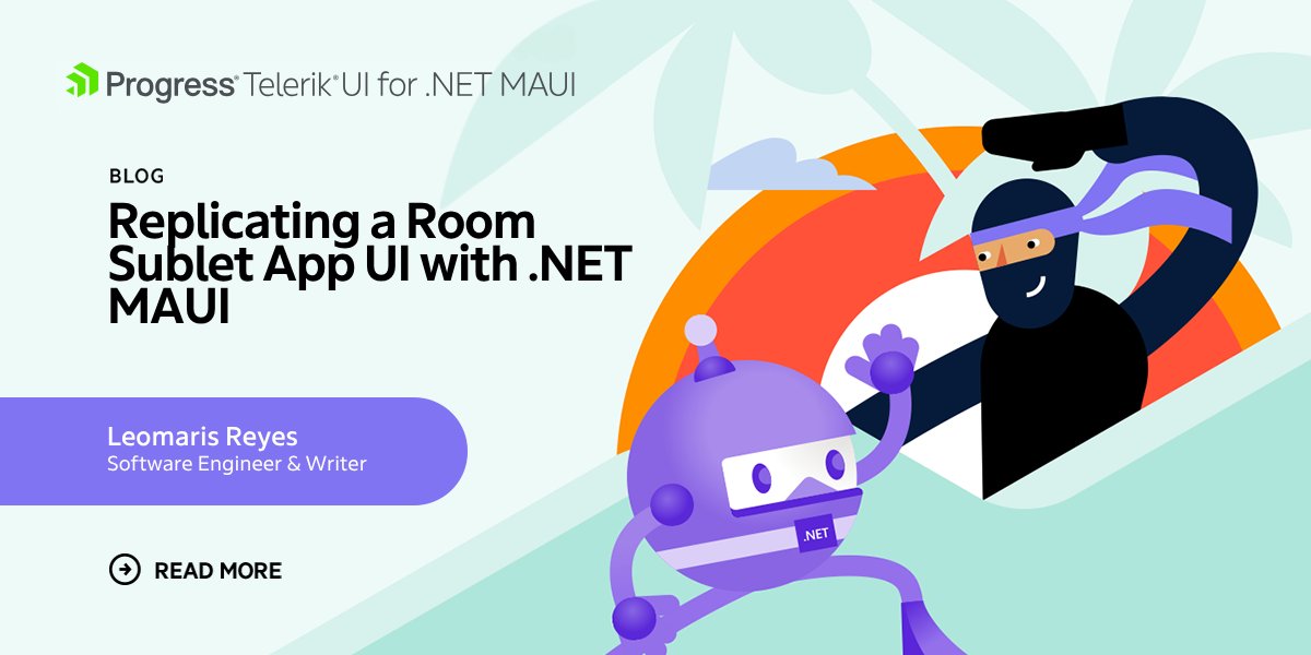 Telerik's tweet photo. Ready for a fun UI challenge? 🎨 

Build a modern room subletting app screen with #DotNetMAUI &amp; one of @LeomarisReyes11' favorite components: the Telerik MAUI Rating control! ⭐ 

Dive into the tutorial &amp; start creating: https://t.co/bn1DC9jXwY https://t.co/9OnAeDiU1U