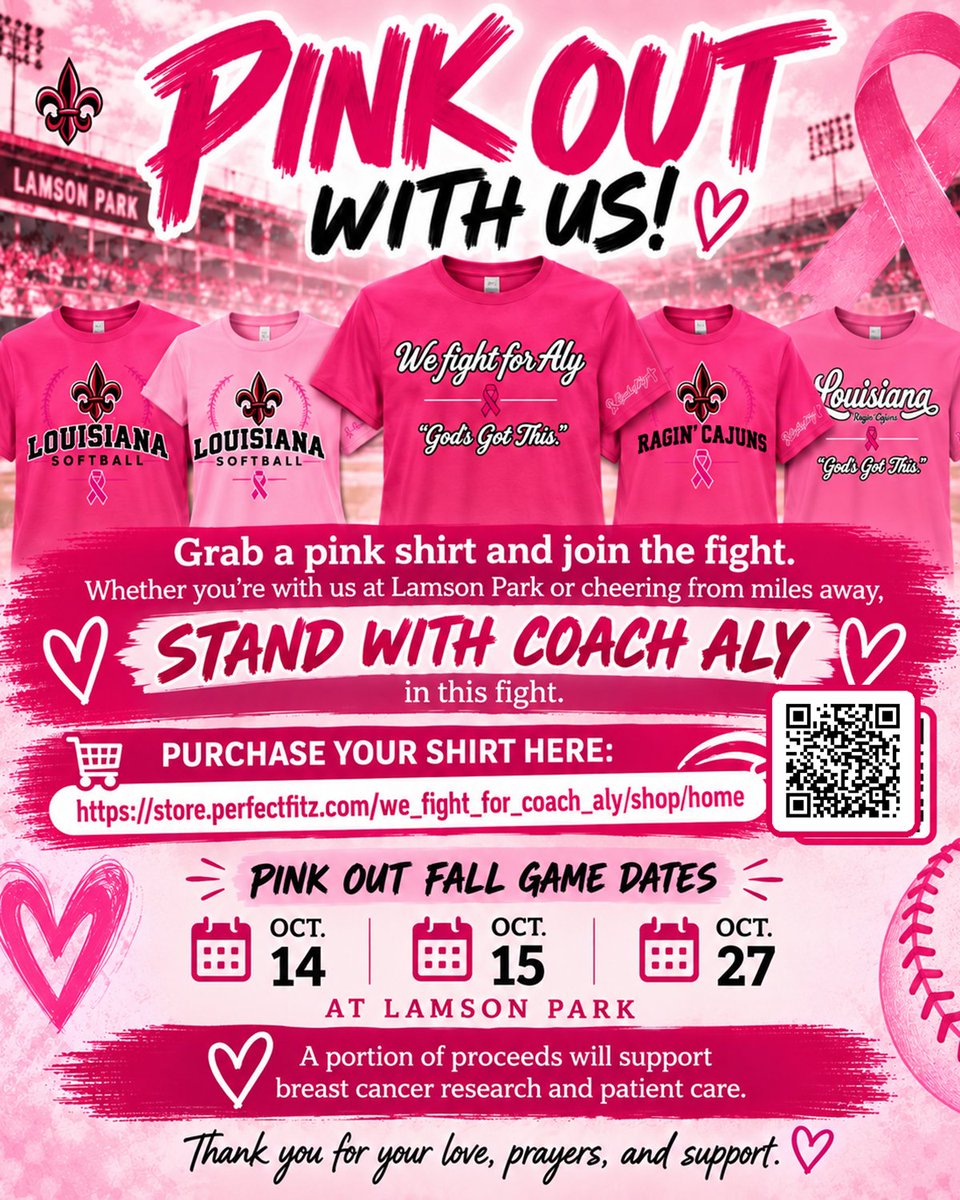 RaginCajunsSB's tweet photo. This fall we WEAR PINK 💞

The fall ball color code for Lamson Park is pink, as we stand in solidarity with Coach Aly and support cancer research/patient care.

Grab your shirt ⤵️
🔗 https://t.co/ffxKn1FfLy

#GeauxCajuns https://t.co/zE4nMUwVyw