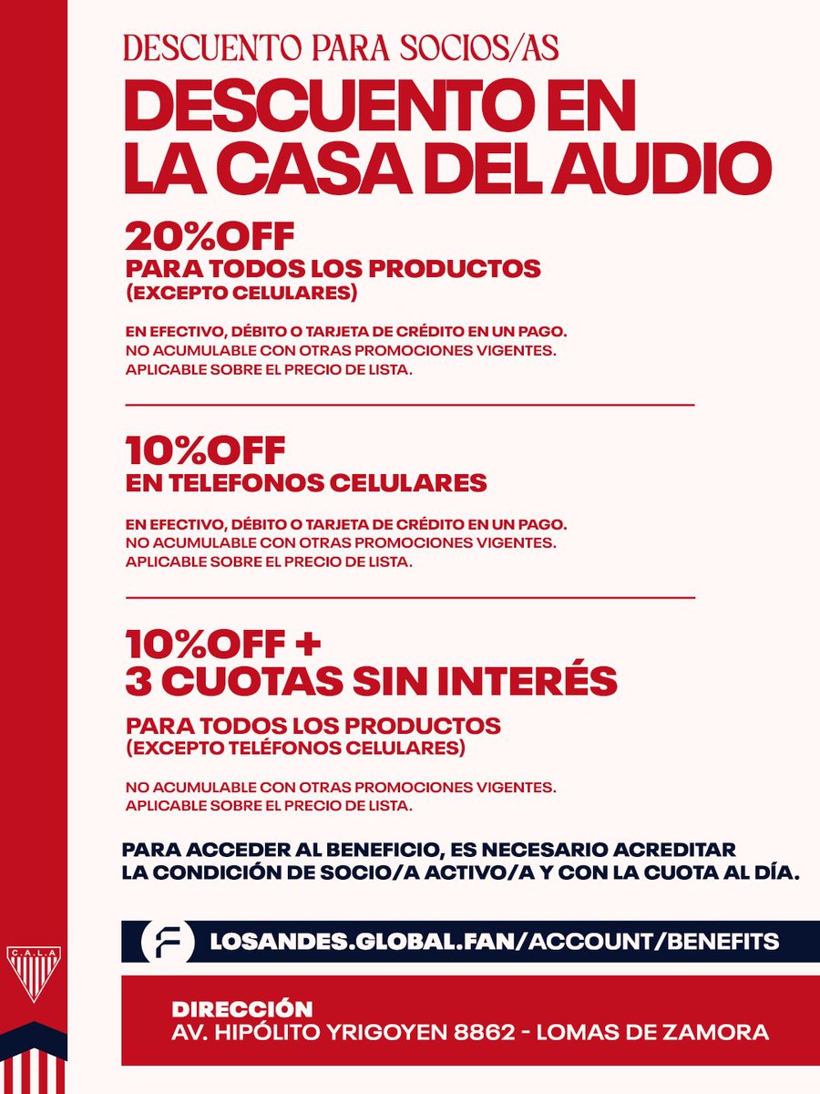 clublosandes's tweet photo. 𝗡𝘂𝗲𝘃𝗼 𝗯𝗲𝗻𝗲𝗳𝗶𝗰𝗶𝗼 𝗲𝘅𝗰𝗹𝘂𝘀𝗶𝘃𝗼 𝘀𝗼𝗰𝗶𝗼𝘀/𝗮𝘀 🫱🏽‍🫲🏻♥️

En acuerdo con La Casa del Audio, socios y socias cuentan con beneficios exclusivos:

20% de descuento en todos los productos, (excepto celulares).

10% de descuento en teléfonos celulares. 

10% de descuento + 3 cuotas sin interés en todos los productos (excepto celulares). 

📍Av. Hipólito Yrigoyen 8862, Lomas de Zamora.

*𝖯𝖺𝗋𝖺 𝖺𝖼𝖼𝖾𝖽𝖾𝗋 𝖺𝗅 𝖻𝖾𝗇𝖾𝖿𝗂𝖼𝗂𝗈, 𝖾𝗌 𝗇𝖾𝖼𝖾𝗌𝖺𝗋𝗂𝗈 𝖺𝖼𝗋𝖾𝖽𝗂𝗍𝖺𝗋 𝗅𝖺 𝖼𝗈𝗇𝖽𝗂𝖼𝗂𝗈́𝗇 𝖽𝖾 𝗌𝗈𝖼𝗂𝗈 𝖺𝖼𝗍𝗂𝗏𝗈 𝗒 𝗍𝖾𝗇𝖾𝗋 𝗅𝖺 𝖼𝗎𝗈𝗍𝖺 𝖺𝗅 𝖽𝗂́𝖺.