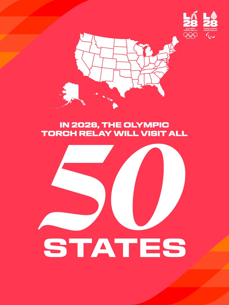 LA28's tweet photo. The LA28 Olympic Torch Relay is coming to your home state! 🇺🇸 For the first time ever, a U.S. Torch Relay will visit all 50 states, making for an epic journey that touches on the spaces and places that make this country so special. If you want to be part of carrying forward the next chapter of Games history, sign up for the LA28 newsletter at LINK BELOW. ​

🔗: https://t.co/3Mak9RAEQJ