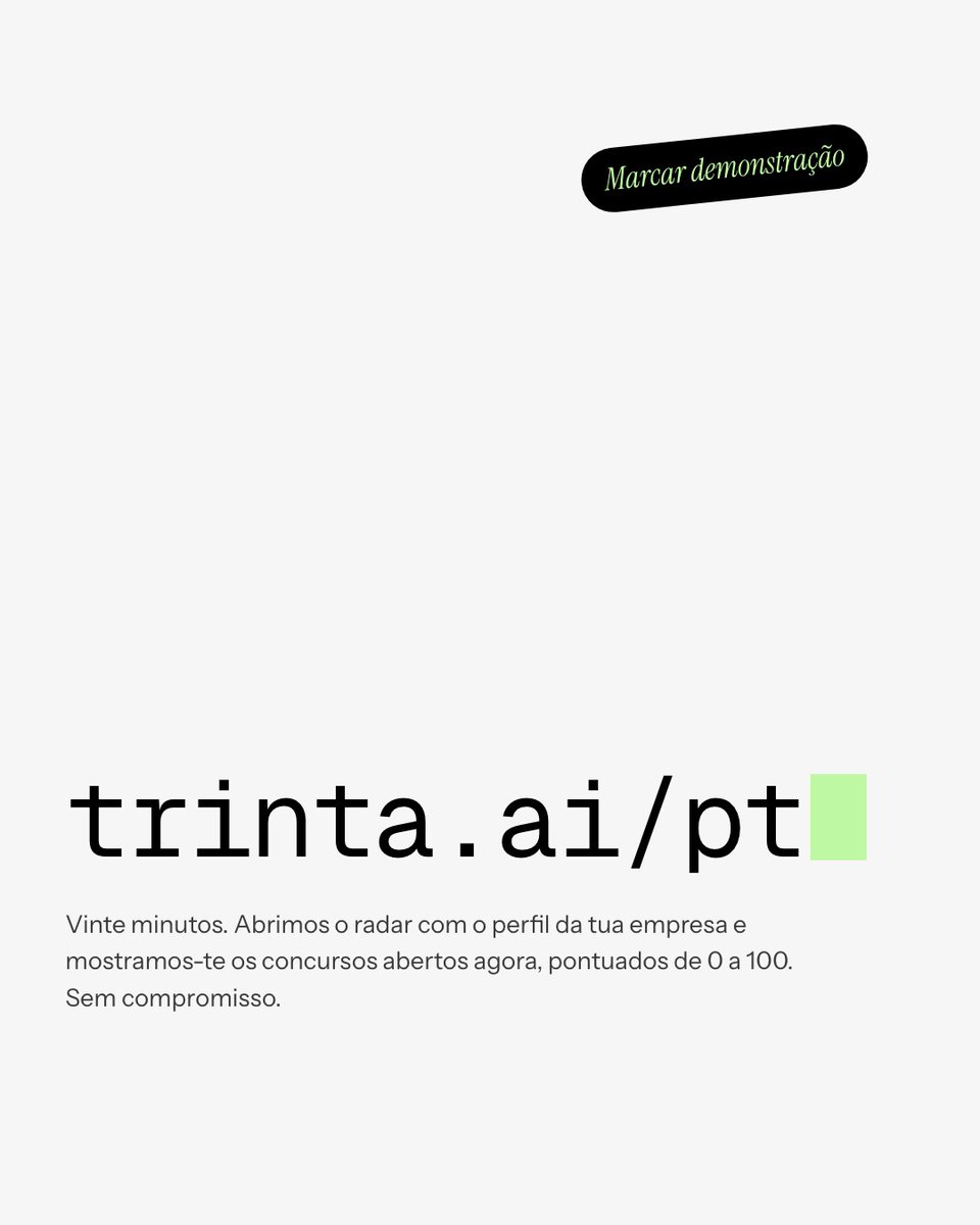 trintaAI's tweet photo. Vinte minutos, sem compromisso.

Abrimos o radar com o perfil da tua empresa e mostramos-te os concursos abertos agora, em Portugal e fora, pontuados de 0 a 100. Se não houver nada que valha a proposta, dizemos-te isso também. https://t.co/QdNtsOQKhz