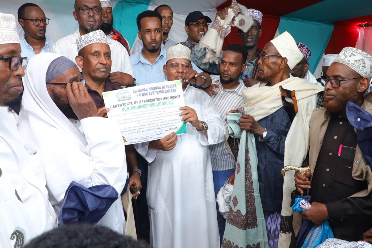HonAliKorane's tweet photo. I sincerely thank my brother Mohamed Moulid Shurie, for his endorsement of my 2027 gubernatorial bid. His gesture safeguards unity and strengthens our collective resolve. Together, we seek the support of all Garissa communities and rally behind Pres. @WilliamsRuto re-election bid https://t.co/02Aqk3SROY