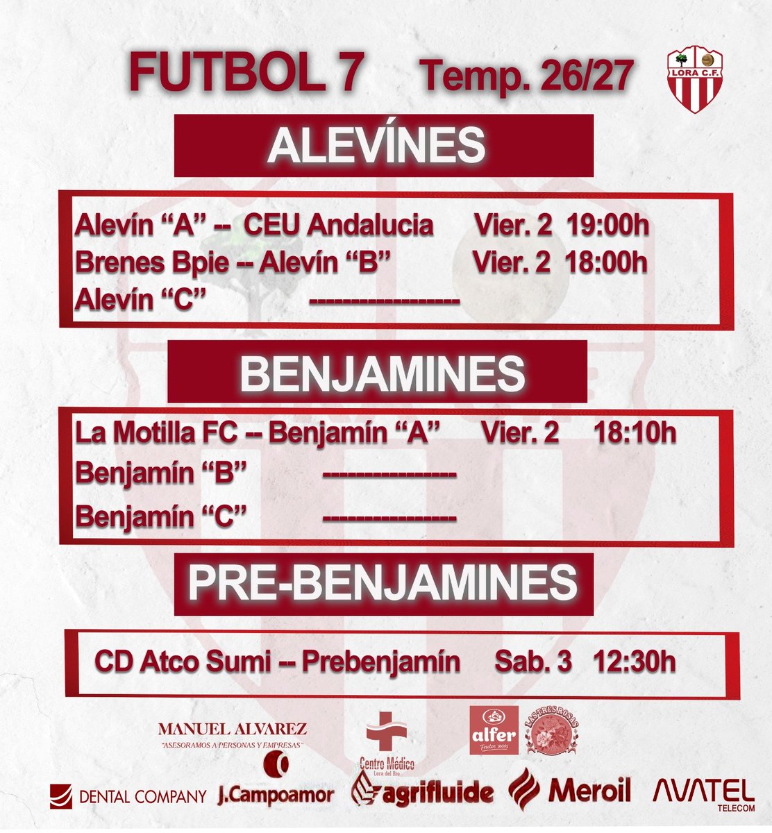 LoraCFOficial's tweet photo. ⚽🔴⚪ HORARIOS | CANTERA LORA C.F.
¡La @CanteraLoraCF se pone en marcha! 💪⚽
📋 Consulta los horarios y acompaña a nuestros equipos.
🔴⚪ ¡Vamos, Lora!
#LoraCF #CanteraLoraCF #FútbolBase #SomosLora #OrgulloLora https://t.co/2NfIzkiyvy