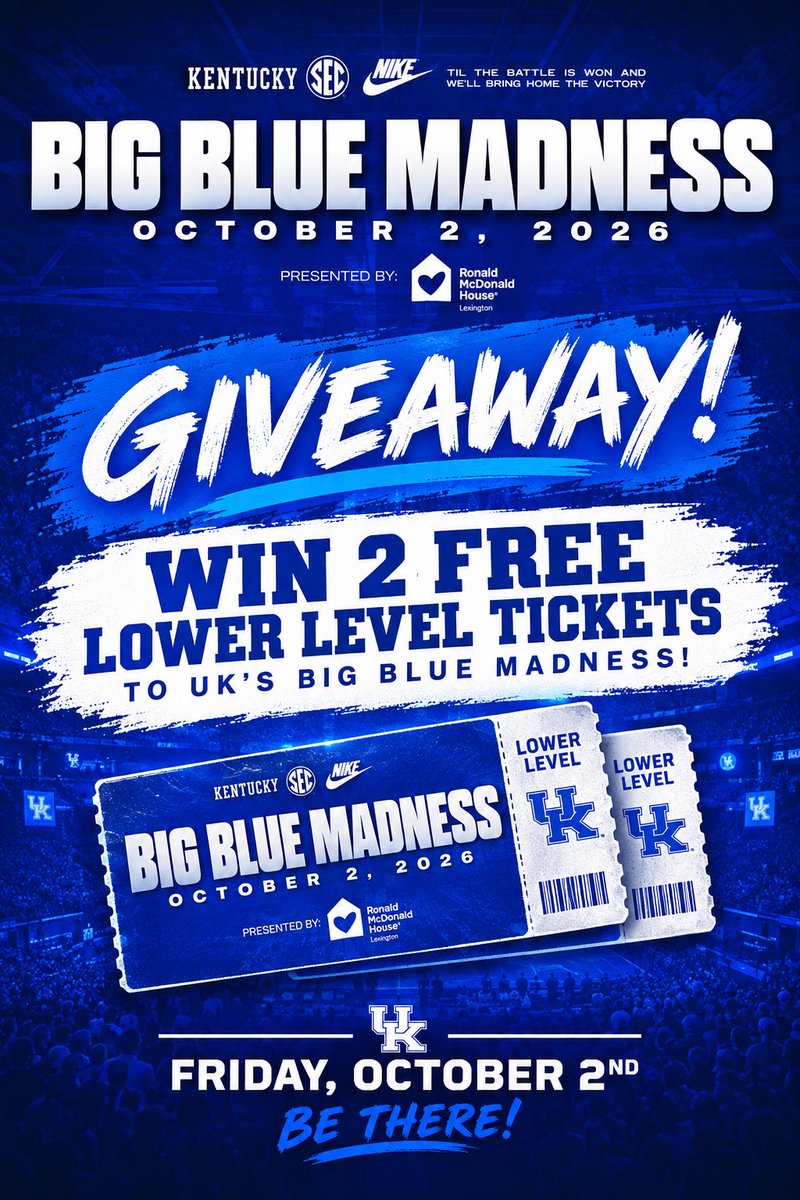 tgh3316's tweet photo. I’m giving away TWO GREAT LOWER LEVEL tickets to Big Blue Madness. Just give me a follow, RT this message, and I’ll pick a winner to attend the SOLDOUT #BBM26. #BBN 🏀🔵⚪️ https://t.co/IxBao5YLCX