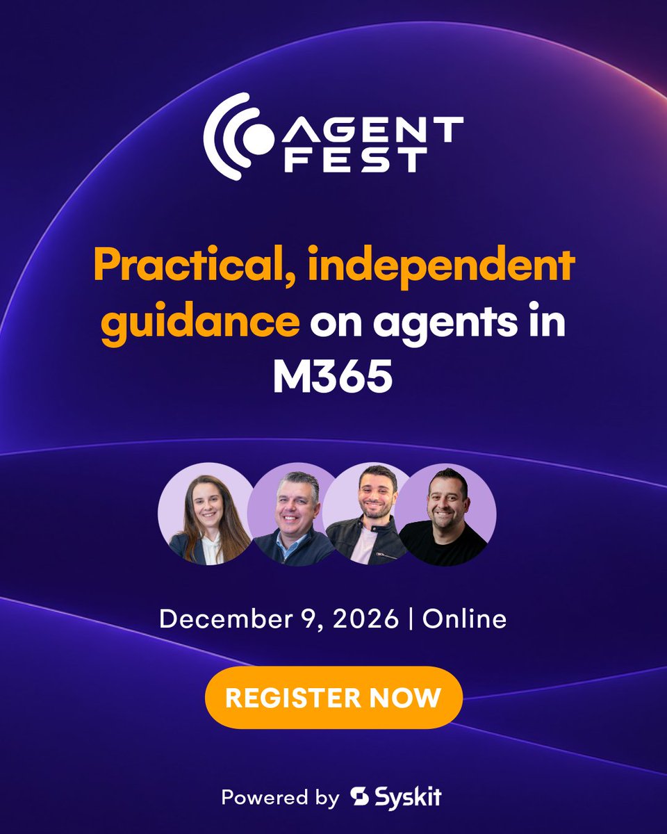 SyskitTeam's tweet photo. What should you figure out before letting agents act in your M365 environment? 

Agent Fest is a free online event for the M365 community built to answer questions like this. Learn what’s working straight from MVPs and practitioners on Dec 9.

Register: https://t.co/vcBi8stOyj https://t.co/JP4KBezyl5