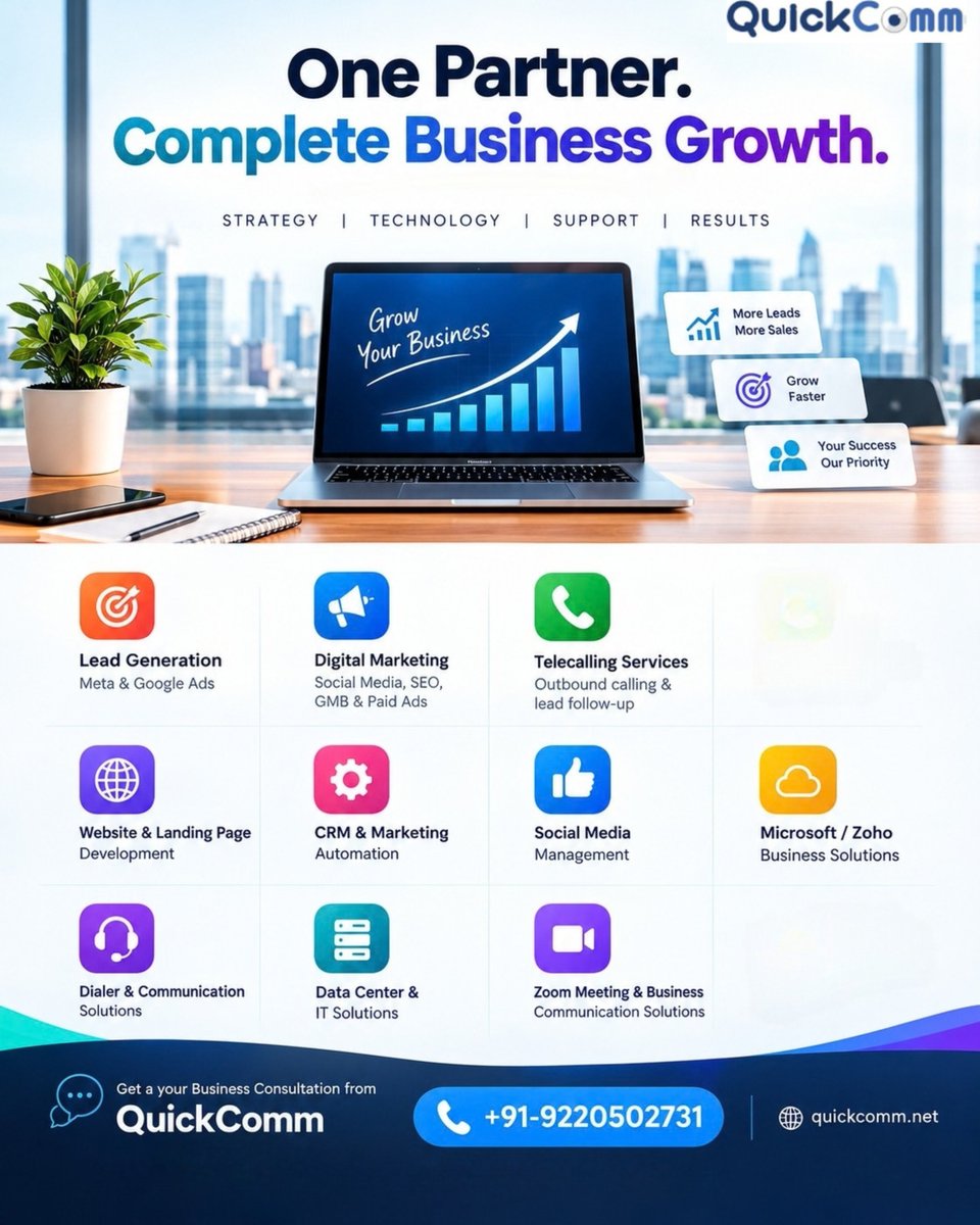 Quickcommtech's tweet photo. Too many vendors. Too many handoffs. Too little momentum.

QuickComm connects marketing + technology + communication + support into one business-growth ecosystem.

One partner. Fewer gaps. More momentum.

📞 +91-9220502731
#QuickComm #BusinessGrowth #DigitalMarketing https://t.co/cCpGsKoqvF