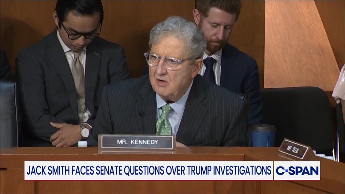 Senator Kennedy speaks at a Senate hearing where Jack Smith faces questions over Trump investigations, with staff members seated behind him looking down, appearing disengaged from the proceedings—visually reinforcing the post's criticism of senators' disrespectful treatment of witnesses.