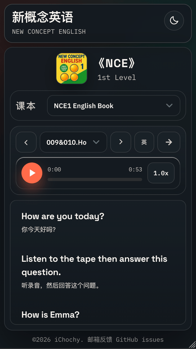 Huahuazo's tweet photo. 学《新概念英语》不用再折腾了！

这个开源网站把1到4册全做成了在线点读版。整篇朗读、单句点读、中英逐句对照都有，手机平板电脑开浏览器就能学。

第一册打基础，第二册练语法，第三册进阶阅读，第四册冲高级表达，一套能从零刷到底。目前GitHub已有3.5K Star，不用装App，直接在线用。

在线学习：https://t.co/APaVeES1HP
GitHub：https://t.co/xwVU4MXayx