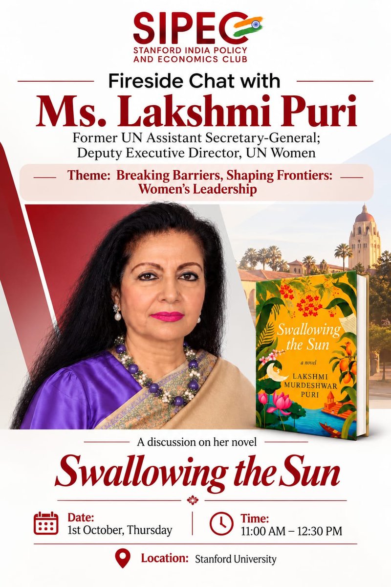 lakshmiunwomen's tweet photo. Breaking Barriers. Shaping Frontiers. Telling Her Story.

Delighted to be at Stanford University for a fireside chat hosted by the Stanford India Policy and Economics Club (SIPEC) on the theme “Breaking Barriers, Shaping Frontiers: Women’s Leadership.”

The conversation will explore women’s leadership, agency and the courage to challenge inherited boundaries — themes that also run through my novel, Swallowing the Sun.

Books can tell the stories of women who came before us; leadership is about ensuring that the women who come after us inherit wider horizons.

📍 Stanford University
📅 1 October, Thursday
⏰ 11:00 AM – 12:30 PM

It will be a pleasure to engage with the vibrant Stanford community in a conversation where literature meets leadership, and stories become pathways to change.