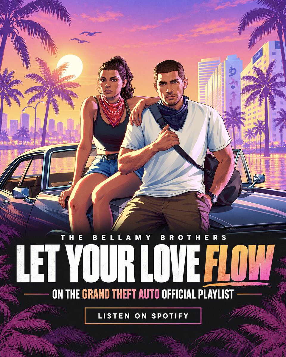 BellamyBrothers's tweet photo. We are EXCITED to be included on the Grand Theft Auto 6 Spotify Playlist!!!  #letyourloveflow #grandtheftauto6

Listen Here:   https://t.co/pqWFt5Wxbe https://t.co/8ADwlf3WH8