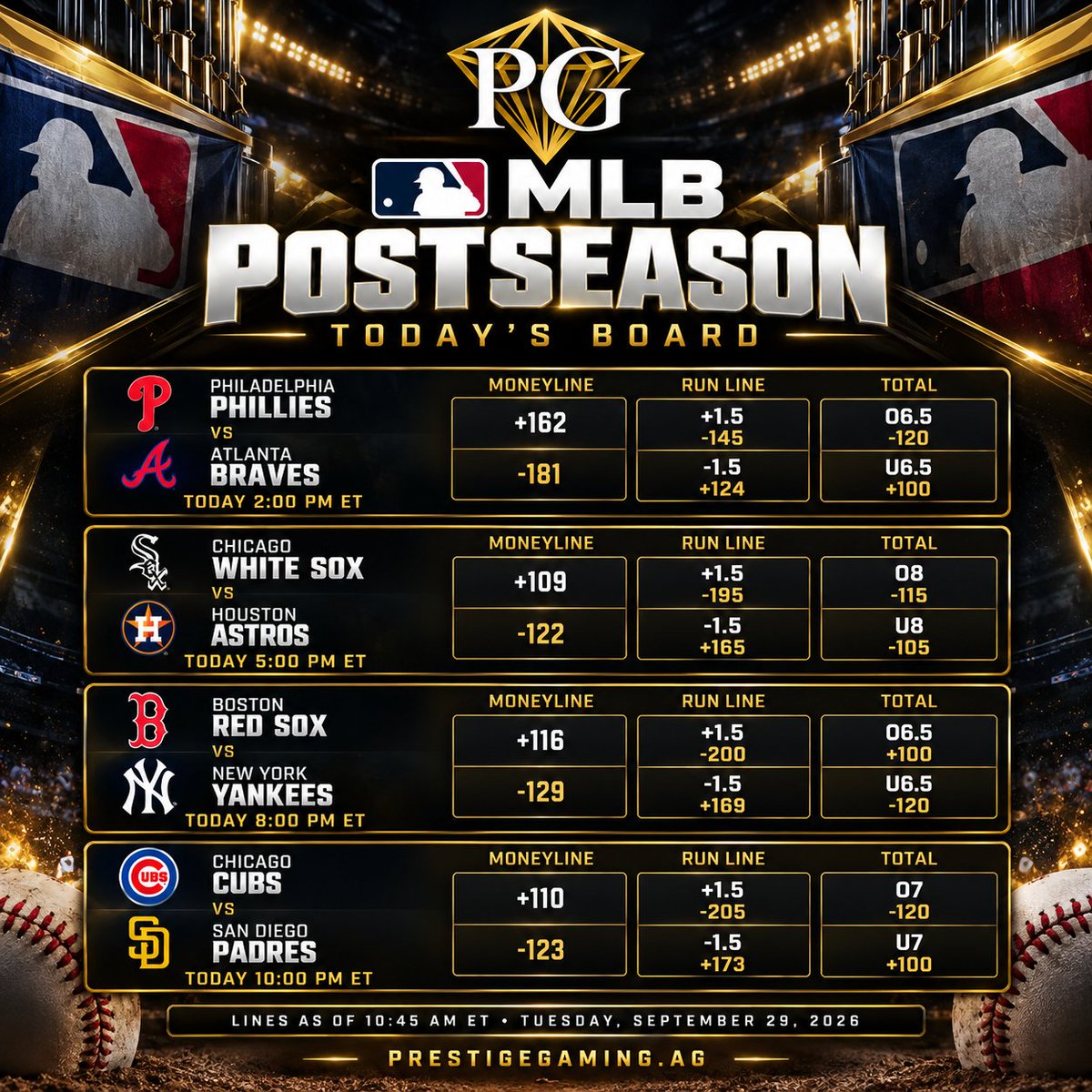 PlayPrestigeAG's tweet photo. October starts early.

Four games on the board to open the MLB Postseason.

Play with Prestige.
https://t.co/mH2vnOHRLS https://t.co/sNT8BUJ9j8