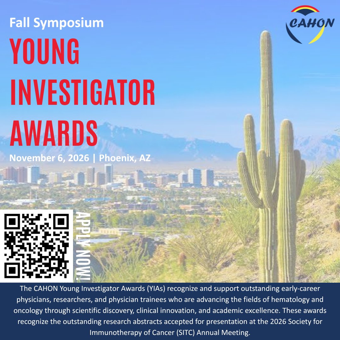 CAHON_hemonc's tweet photo. π’ CLOSING TOMORROW: Last Chance to Apply!
The CAHON 2026 Fall Symposium Young Investigator Awards (#YIAs) recognize outstanding early-career physicians, researchers, and trainees whose abstracts have been accepted for presentation at the 2026 Society for Immunotherapy of Cancer (#SITC) Annual Meeting.
π Award recipients will receive a certificate of recognition and a cash prize in honor of their achievements and contributions to cancer research.
Not yet a CAHON member? You may still apply with a referral from a current member.
π Learn more and submit your application: https://t.co/5EW6ZeY1W7
#Hematology #Oncology #CancerResearch #YoungInvestigators #SITC26 #YIA #CAHON
