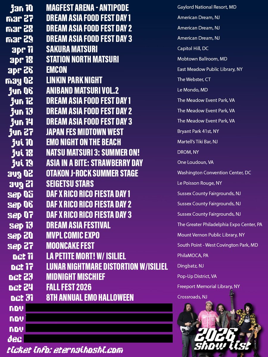 EternalHoshi's tweet photo. 🎃 OCTOBER EVENTS 🎃

10/11 la petite mort! | 📍 PhilaMOCA PA

10/17 Lunar Nightmare Distortion | 📍 Dingbatz NJ
🦇 Metal + Anisong Concert 
Isiliel &amp; Collab Stage with Arrow+Liza

10/23 Midnight Mischeif | 📍 Pop-Up District VA

10/31 8th Annual EMO Halloween | 📍 Crossroads NJ https://t.co/Gio7ZKZebf