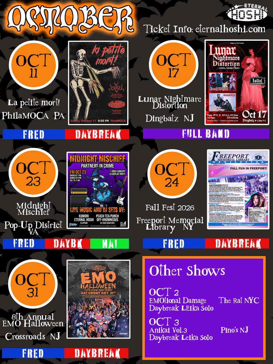 EternalHoshi's tweet photo. 🎃 OCTOBER EVENTS 🎃

10/11 la petite mort! | 📍 PhilaMOCA PA

10/17 Lunar Nightmare Distortion | 📍 Dingbatz NJ
🦇 Metal + Anisong Concert 
Isiliel &amp; Collab Stage with Arrow+Liza

10/23 Midnight Mischeif | 📍 Pop-Up District VA

10/31 8th Annual EMO Halloween | 📍 Crossroads NJ https://t.co/Gio7ZKZebf