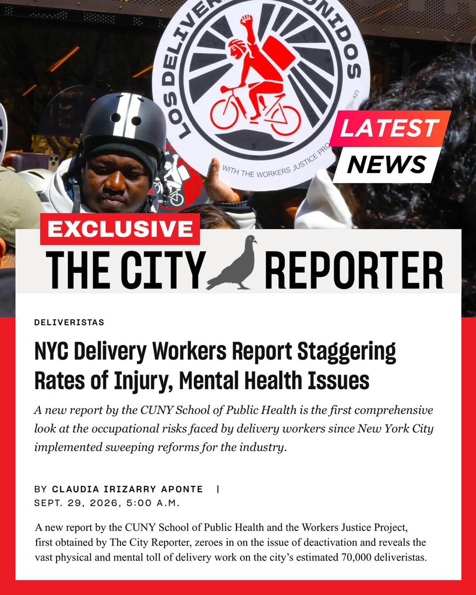 workersjusticep's tweet photo. 🚨BREAKING: New CUNY &amp; WJP report finds 53% of NYC Deliveristas report work injuries, 40% severe psychological distress &amp; 52% fear deactivation. 80%+ say apps control their pace, routes &amp; hrs.

@NYCCouncil must address these issues—not target Deliveristas with NYPD. https://t.co/DLV1WW6Rlg