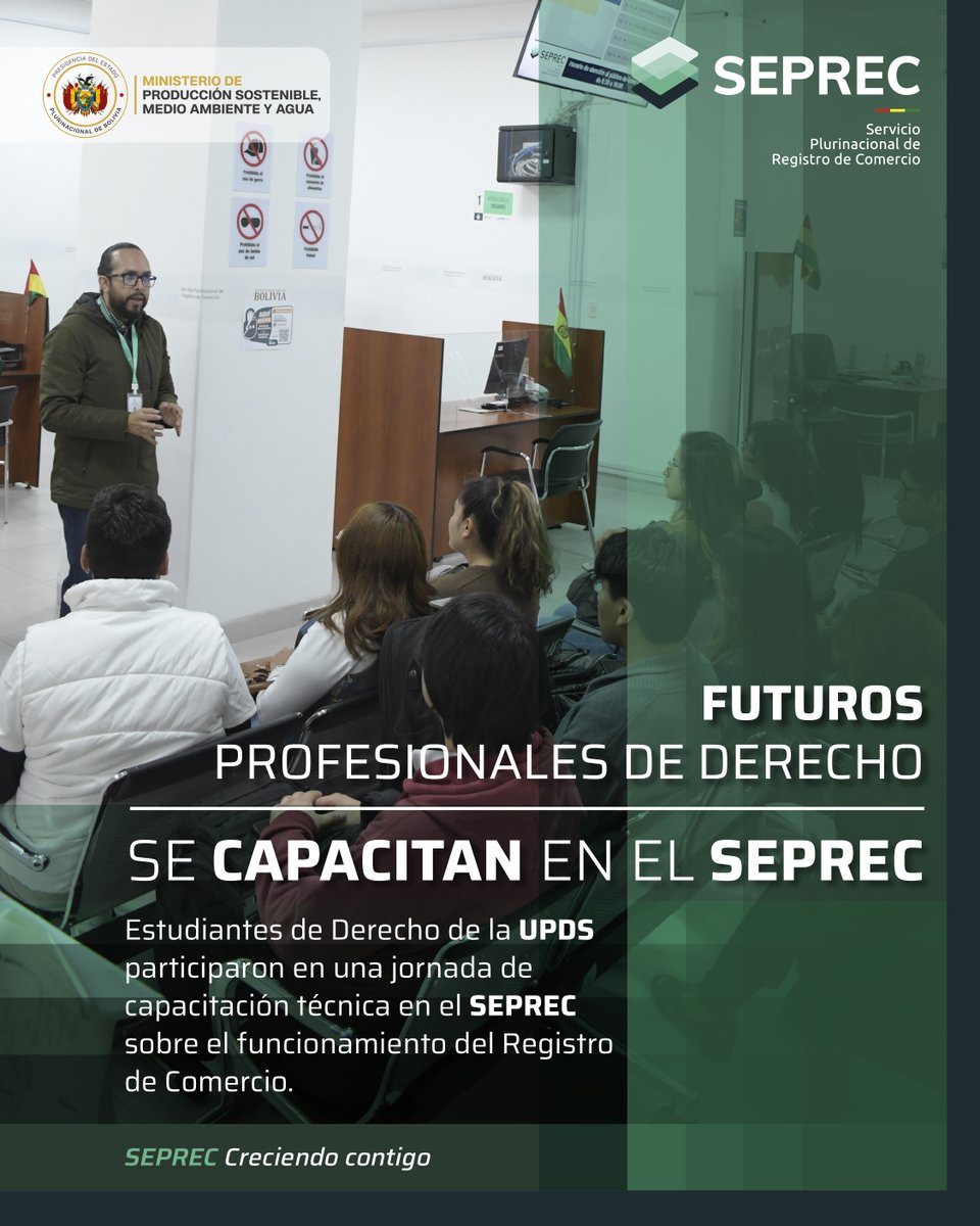 SEPRECBolivia's tweet photo. 🎓 ¡Impulsamos el conocimiento que transforma!
El SEPREC fortalece la formación de estudiantes de Derecho de la UPDS, acercándolos al Registro de Comercio y la normativa empresarial.
🤝 Conectamos la formación académica con la práctica profesional.
#SEPREC #CreciendoContigo https://t.co/izpaKalRDJ