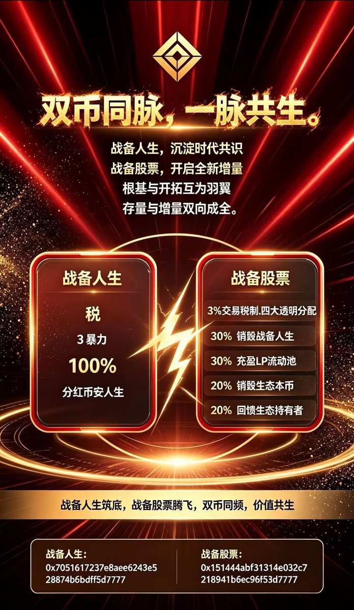 zbrs_bsc's tweet photo. 双币同脉，一脉共生。
 
战备人生，沉淀时代共识
战备股票，开启全新增量
 
根基与开拓互为羽翼
存量与增量双向成全。
❤️战备人生
✅税 3 暴力 100% 分红币安人生
 ❤️战备股票
✅3%交易税制.四大透明分配
✅▪️30% 销毁战备人生
✅▪️30% 充盈LP流动池
✅▪️20% 销毁生态本币
✅▪️20% 回馈生态持有者
战备人生筑底，战备股票腾飞，双币同频，价值共生
战备人生：0x7051617237e8aeee6243e528874b6b9dff5d7777
战备股票：0x151444abf31314e032c7218941b6ec96f53d7777