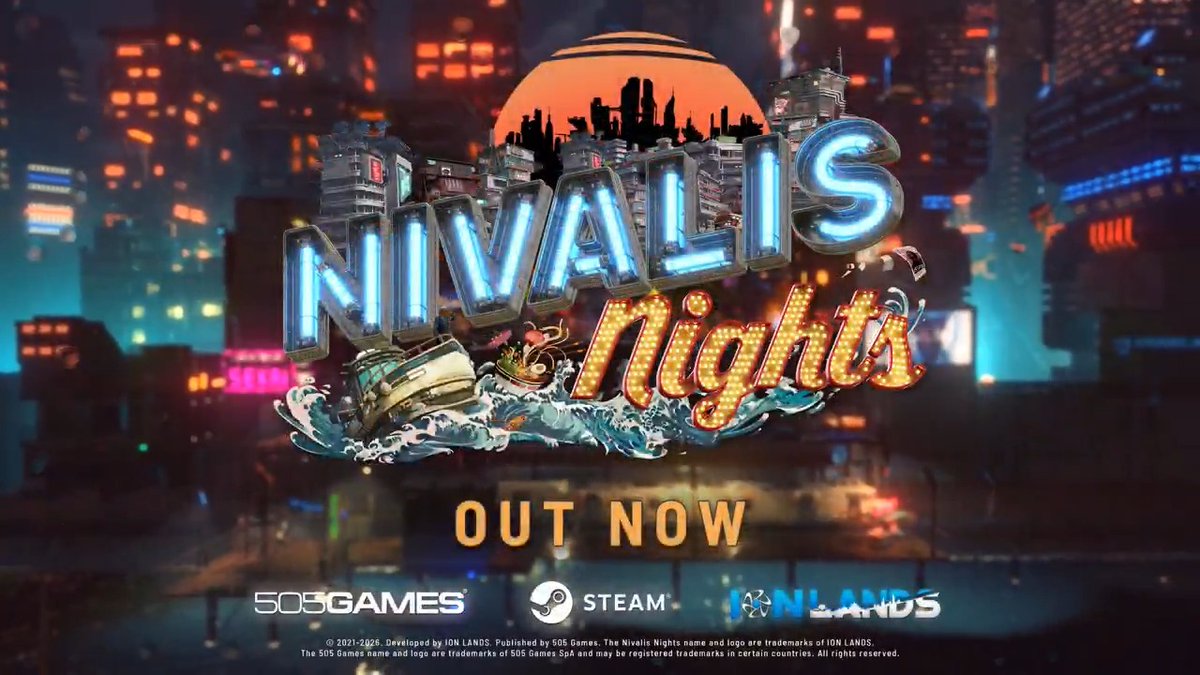 Promotional artwork for Nivalis Nights displays the game's stylized logo—featuring illuminated blue "NIVALIS" lettering and red "Nights" bulb signage set against a neon-lit cityscape—above the "OUT NOW" announcement, with 505 Games, Steam, and ION LANDS logos shown at the bottom.