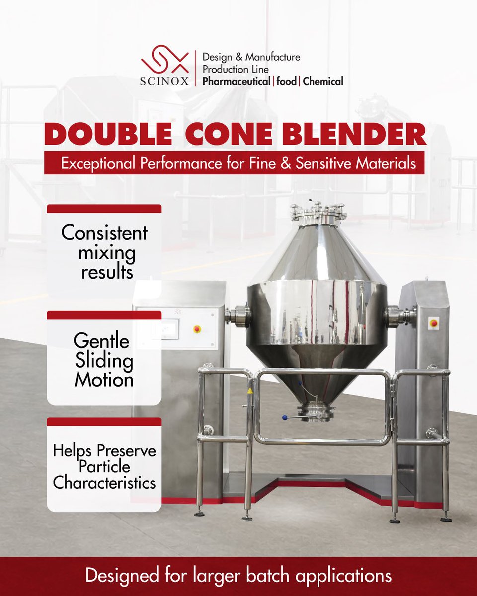 Scinox_solution's tweet photo. Need gentle mixing for larger batches?

Meet the SCINOX Double Cone Blender  engineered for efficient dry powder blending, with a gentle sliding motion that helps preserve particle characteristics while achieving uniform mixing.
📩 DM
#DoubleConeBlender #PowderBlending  #SCINOX https://t.co/XFy32sQoy3