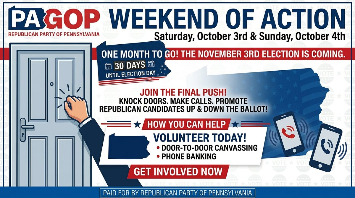 PAGOP's tweet photo. 🚨 PAGOP Weekend of Action THIS WEEKEND! 🚨

Our PAGOP Weekend of Action, this weekend on Saturday, October 3rd and Sunday, October 4th, marks 30 days until the November 3rd Election, and there's still tons of work to be done.

If you're someone who wants to wait to get involved until closer to the election, your time is now! We need to spread the word about all of our fantastic Republican candidates, from Stacy Garrity and our Congressional Delegation, to the State Senate and State House.

But we can't do it without your help. We must knock on as many doors and make as many phone calls as possible to beat back the Democrats in Pennsylvania who want to win a trifecta and want to drive the state into the ground. 👎

Will you sign up and fight back? Visit 🔗: https://t.co/h59zALTWTF

#PAGOP #WeekendOfAction #Republicans