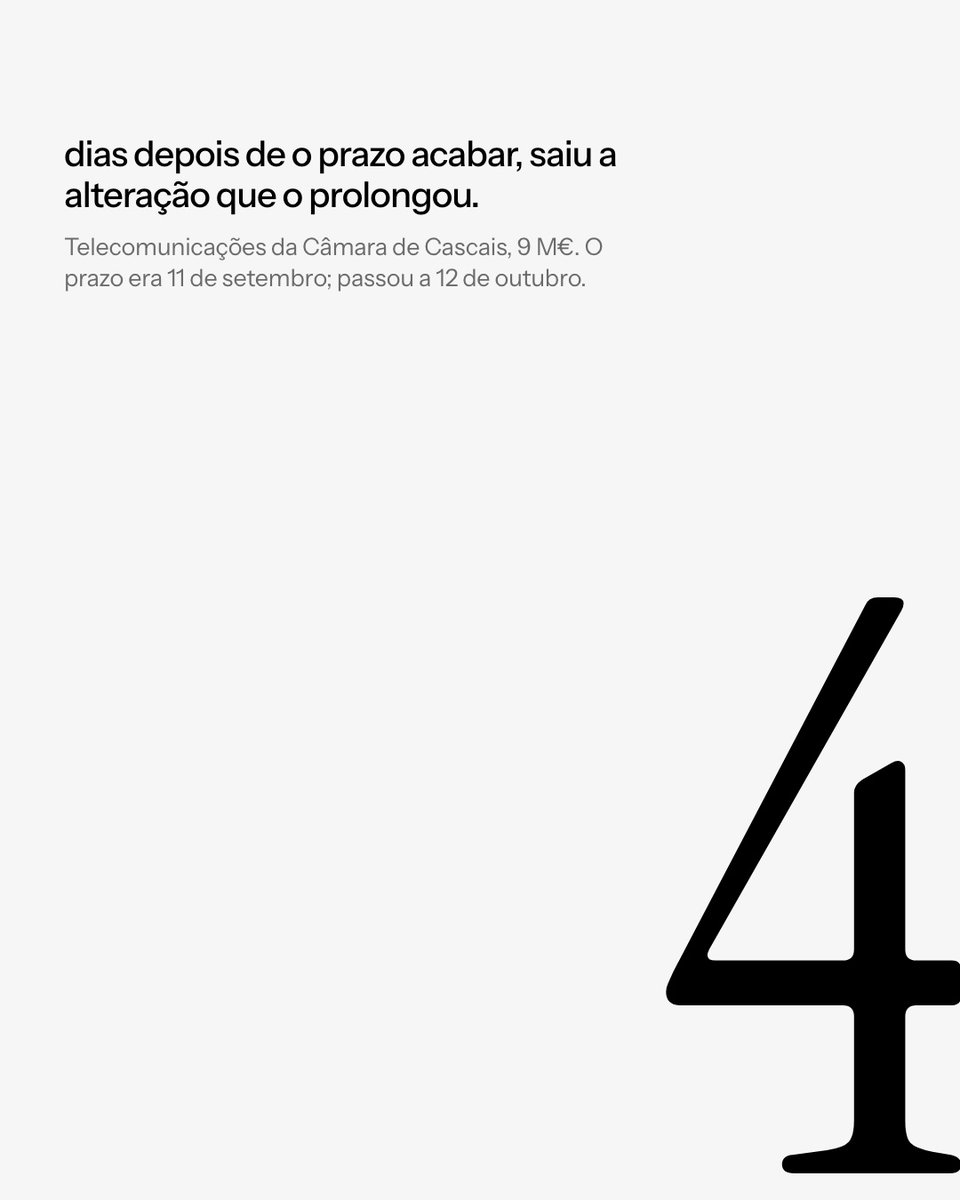 trintaAI's tweet photo. 4 dias depois de o prazo acabar, saiu a alteração que o prolongou.

Telecomunicações da Câmara de Cascais, 9 M€. O prazo era 11 de setembro; a alteração saiu a 15 e passou-o para 12 de outubro. Quem o riscou a 11 não voltou a olhar.

Fonte: DR, n.º 20782 e 22915/2026. https://t.co/NjPGEbfl9c