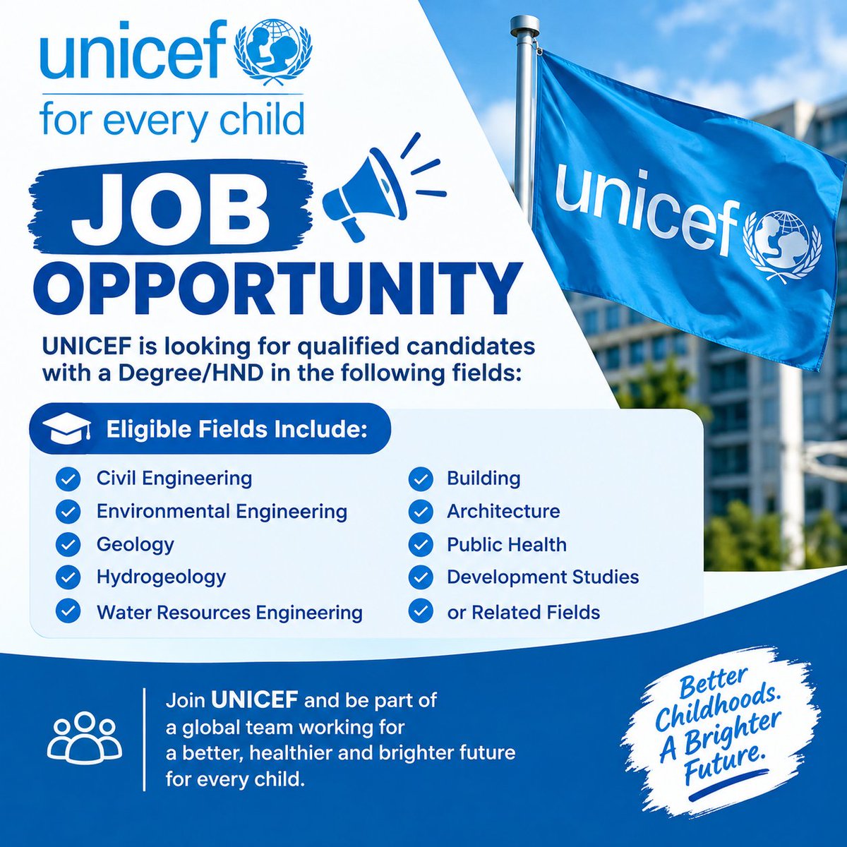 MuhammadATanim1's tweet photo. UNICEF Job Opportunity

Candidates with a Degree/HND in Civil Engineering, Environmental Engineering, Geology, Hydrogeology, Water Resources Engineering, Building, Architecture, Public Health, Development Studies, or other related fields. ⤵️
https://t.co/bNuIslO8Vj https://t.co/Ce0TLyNzmy