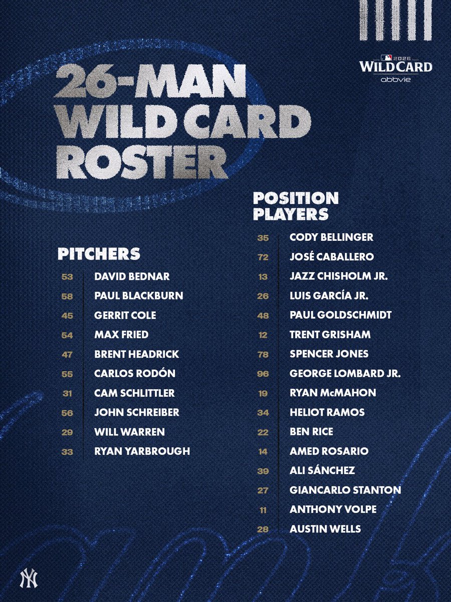 Yankees's tweet photo. Our 26 for the Wild Card Series.

#RepBX https://t.co/EXB2z7gSUr