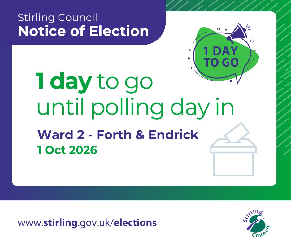 StirlingCouncil's tweet photo. 🗳 Only one day to go until the Forth and Endrick (Ward 2) by-election.

If you are registered to vote you should have received a poll card telling you where your polling station is.

If you found out after 5pm on Wednesday 16 September that you are unable to attend the polling station on polling day due to a medical, work or another specified reason, you may be able to apply for an emergency proxy vote by contacting the Electoral Registration Office by 5pm on polling day (Thursday 1 October).

Information on the election, including FAQs and details of how to apply for an emergency proxy vote can be found here: https://t.co/9cm9GoOcQ9