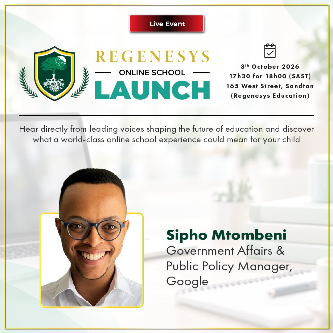RegenesysOnline's tweet photo. Meet the voices shaping the future of education.  

Join us for the launch of Regenesys Online School and discover a new approach to learning.

Date: 8 October 2026 17h30 for 18h00 SAST 
Place: 165 West Street, Sandton

Reserve your seat: https://t.co/Tn3XORYie1 https://t.co/MJ2ThkI4DF
