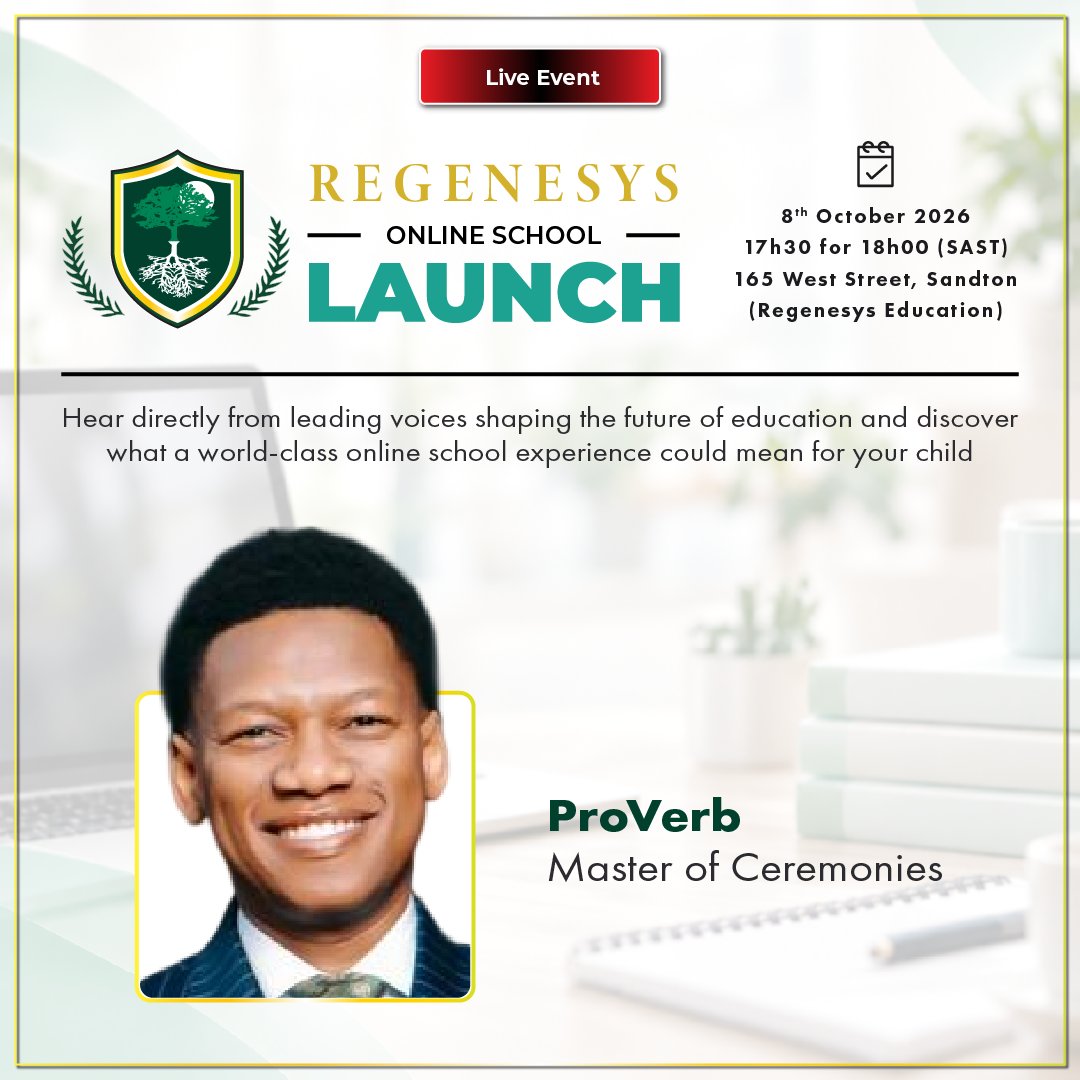 RegenesysOnline's tweet photo. Meet the voices shaping the future of education.  

Join us for the launch of Regenesys Online School and discover a new approach to learning.

Date: 8 October 2026 17h30 for 18h00 SAST 
Place: 165 West Street, Sandton

Reserve your seat: https://t.co/Tn3XORYie1 https://t.co/MJ2ThkI4DF