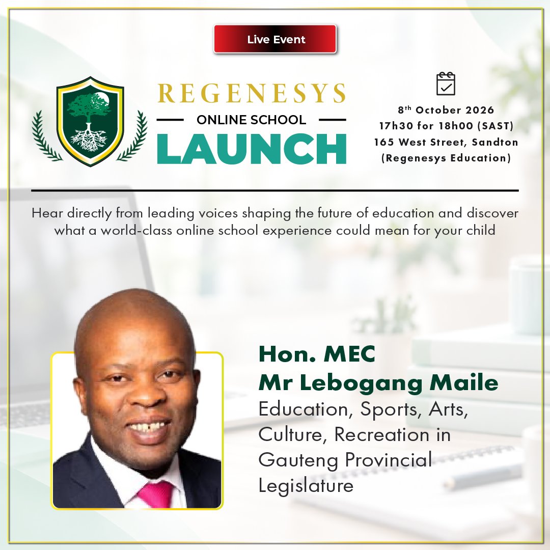 RegenesysOnline's tweet photo. Meet the voices shaping the future of education.  

Join us for the launch of Regenesys Online School and discover a new approach to learning.

Date: 8 October 2026 17h30 for 18h00 SAST 
Place: 165 West Street, Sandton

Reserve your seat: https://t.co/Tn3XORYie1 https://t.co/MJ2ThkI4DF