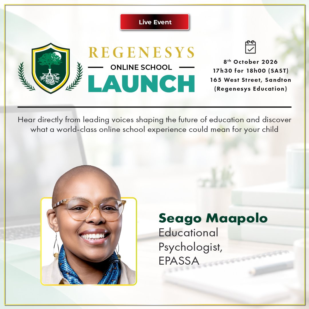 RegenesysOnline's tweet photo. Meet the voices shaping the future of education.  

Join us for the launch of Regenesys Online School and discover a new approach to learning.

Date: 8 October 2026 17h30 for 18h00 SAST 
Place: 165 West Street, Sandton

Reserve your seat: https://t.co/Tn3XORYie1 https://t.co/MJ2ThkI4DF